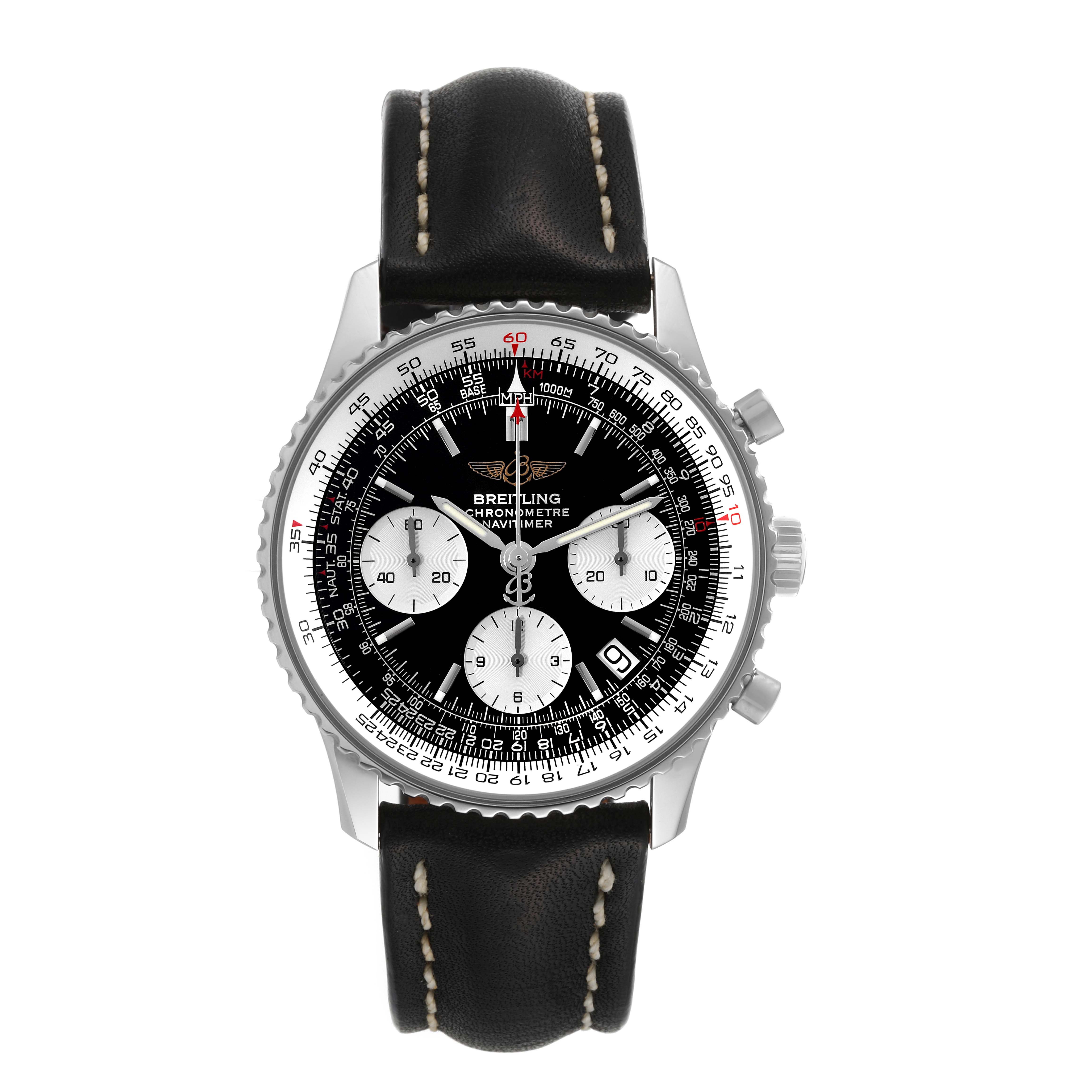 A top-down view of a Breitling Navitimer A23322 Men
s Stainless Steel Black Dial A23322 Men
s Stainless Steel Black Dial watch showcasing its dial, bezel, subdials, and leather strap.