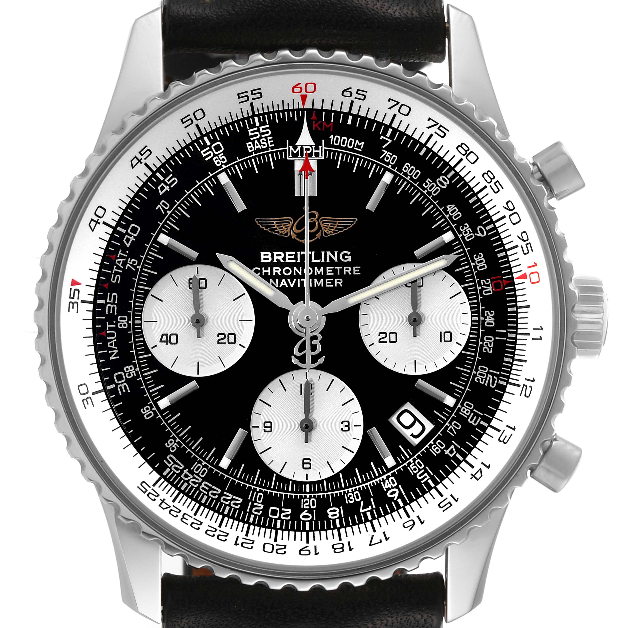 This image shows a front angle of a Breitling Navitimer A23322 Men
s Stainless Steel Black Dial A23322 Men
s Stainless Steel Black Dial watch, highlighting its face, bezel, sub-dials, and leather strap.
