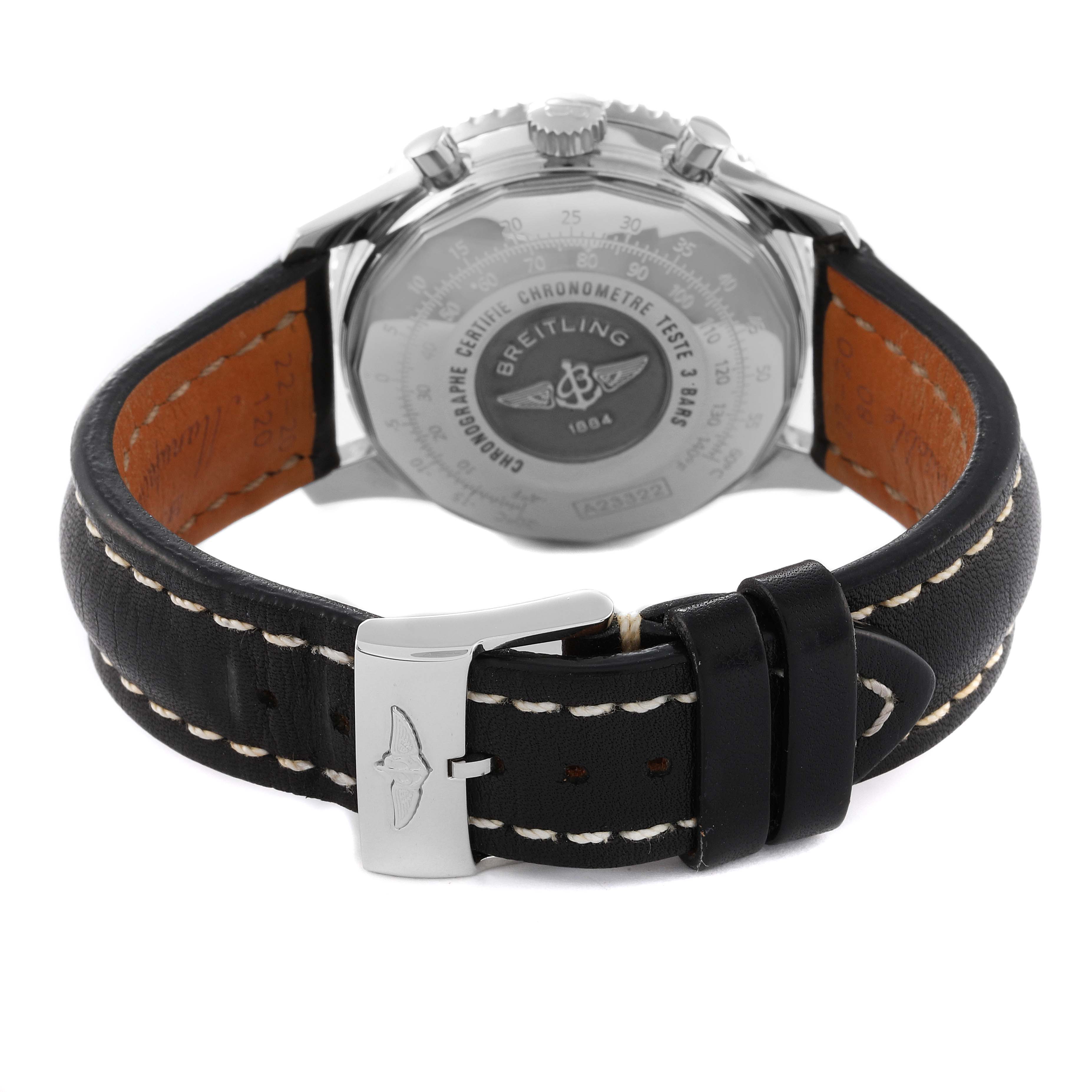 The image shows the back view of the Breitling Navitimer A23322 Men
s Stainless Steel Black Dial A23322 Men
s Stainless Steel Black Dial watch, featuring the case back, crown, pushers, and leather strap with a clasp.