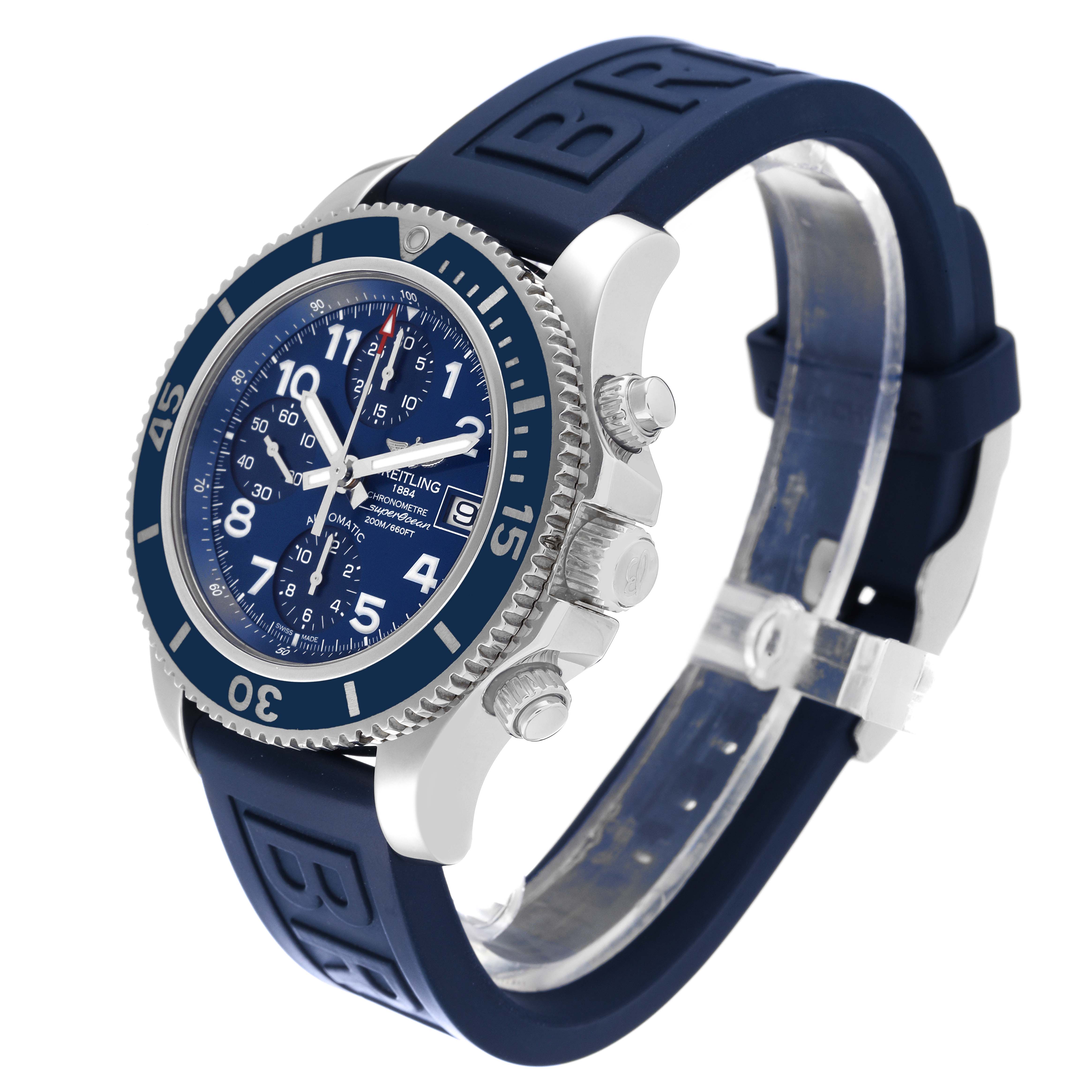 This image shows a Breitling Superocean A13311 Men's Stainless Steel Blue Dial A13311 Men's Stainless Steel Blue Dial watch at an angle highlighting its dial, bezel, crown, and blue rubber strap.