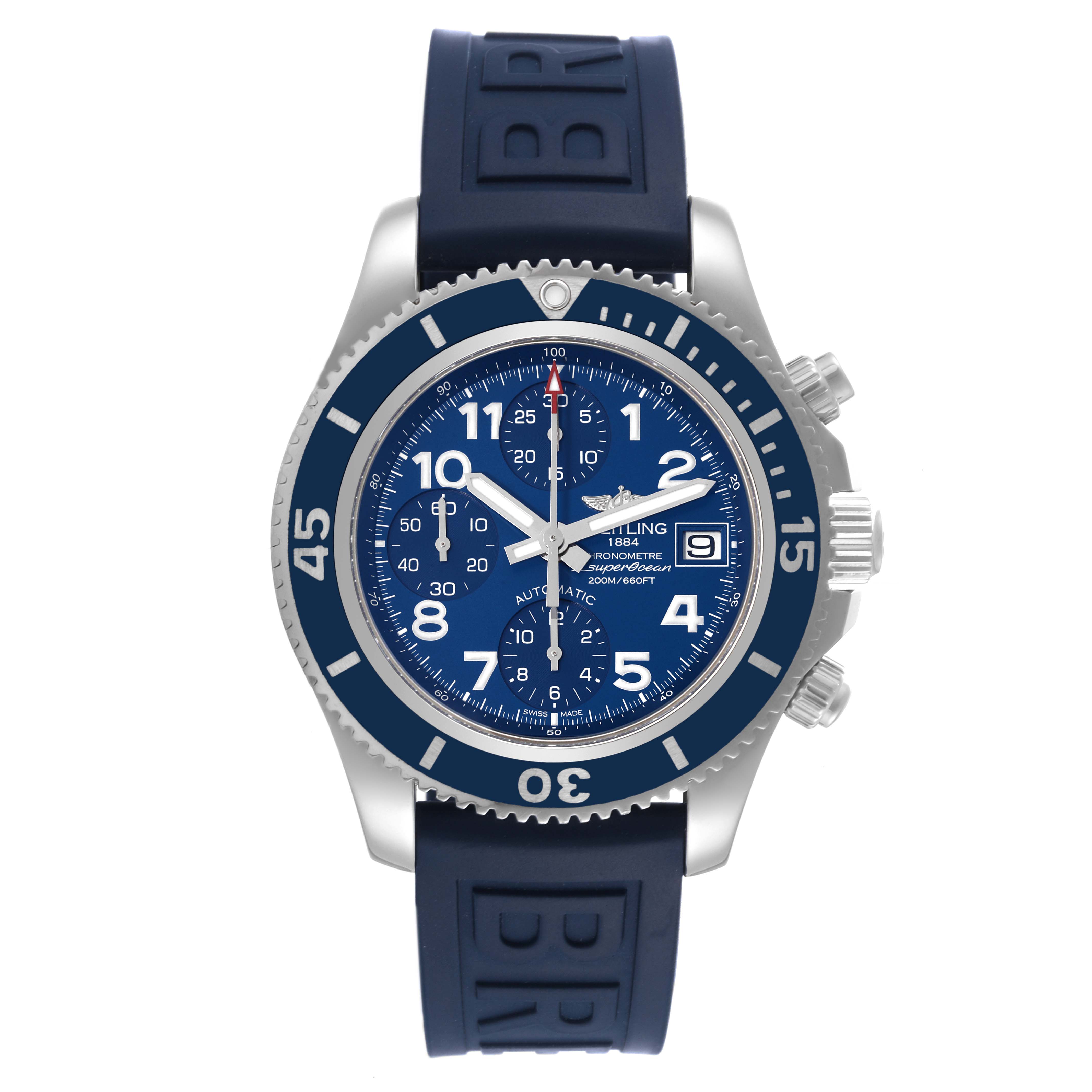 The image shows a front view of a Breitling Superocean A13311 Men's Stainless Steel Blue Dial A13311 Men's Stainless Steel Blue Dial watch with a blue dial and strap, silver bezel, and chronograph functions.
