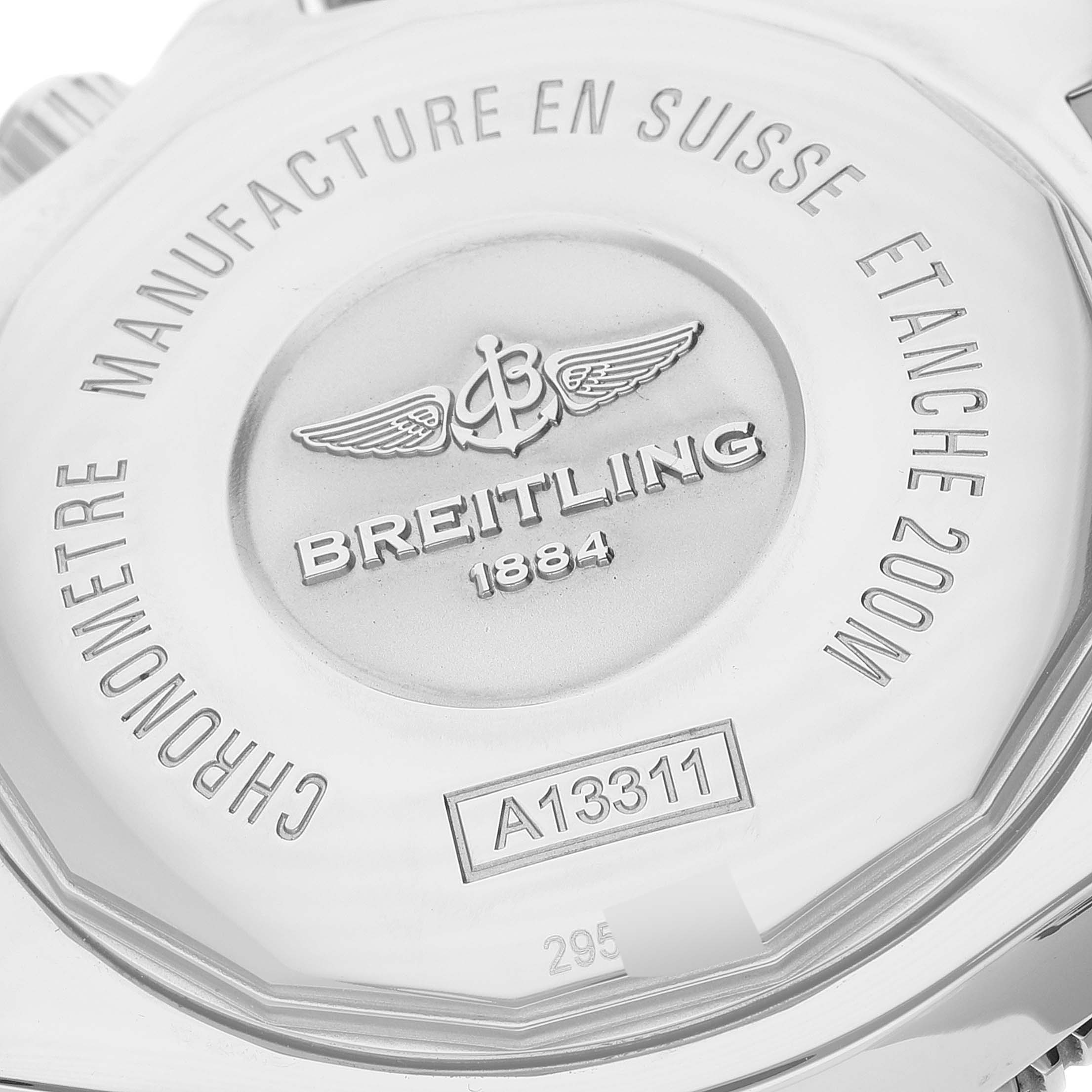 The image shows the back case of a Breitling Superocean A13311 Men's Stainless Steel Blue Dial A13311 Men's Stainless Steel Blue Dial watch, highlighting the model number A13311 and other engraved details.