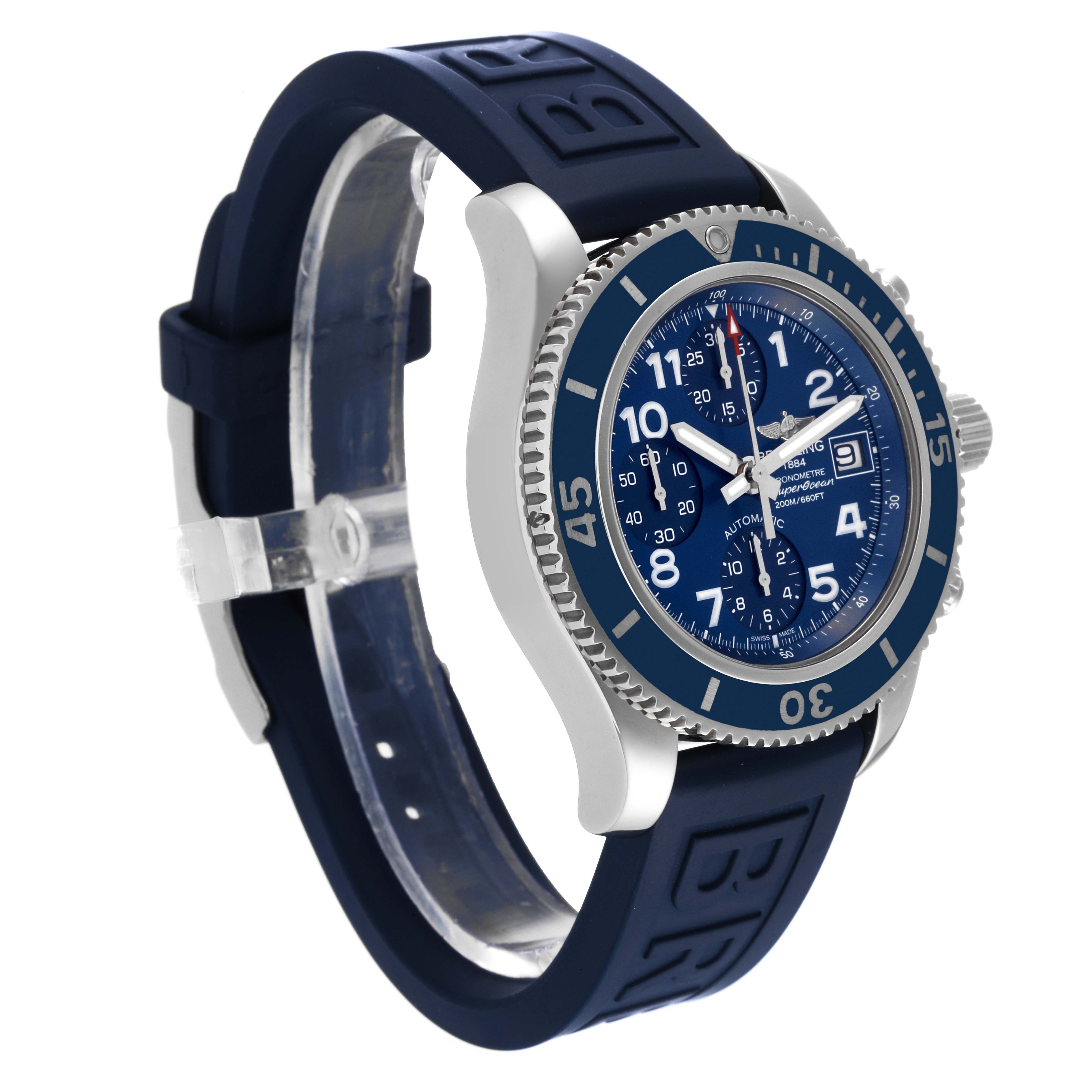 This image shows a side-angle view of a Breitling Superocean A13311 Men's Stainless Steel Blue Dial A13311 Men's Stainless Steel Blue Dial watch, highlighting its bezel, dial, and rubber strap.
