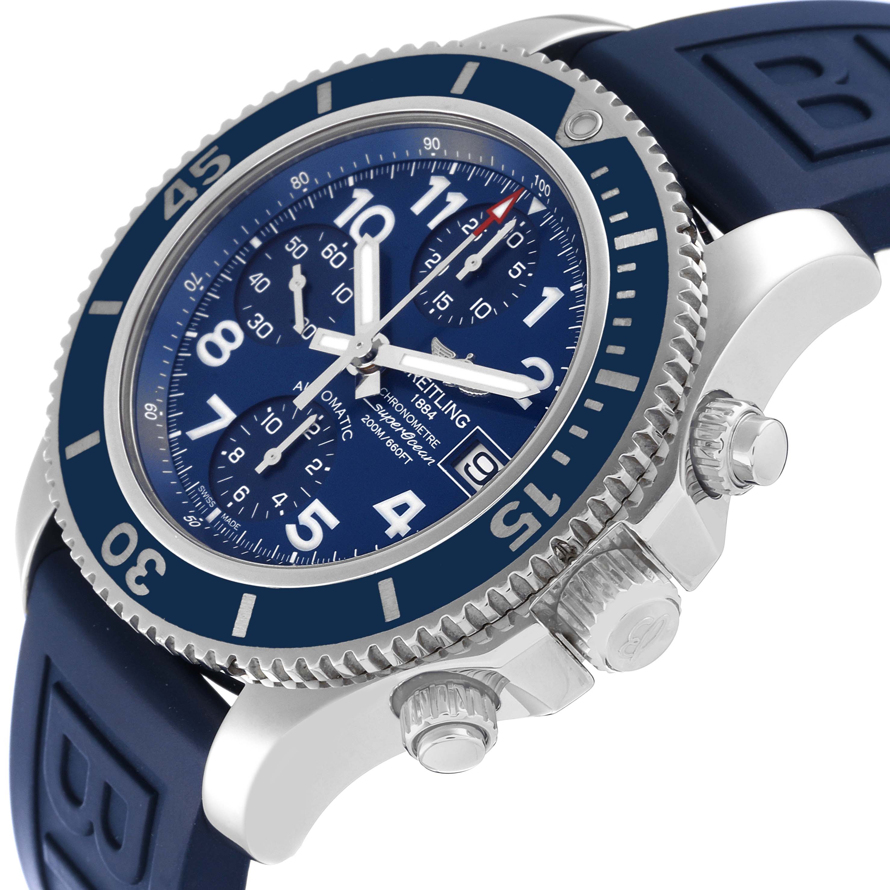The Breitling Superocean A13311 Men's Stainless Steel Blue Dial A13311 Men's Stainless Steel Blue Dial watch is shown at an angled close-up view highlighting the face, bezel, crown, and part of the strap.
