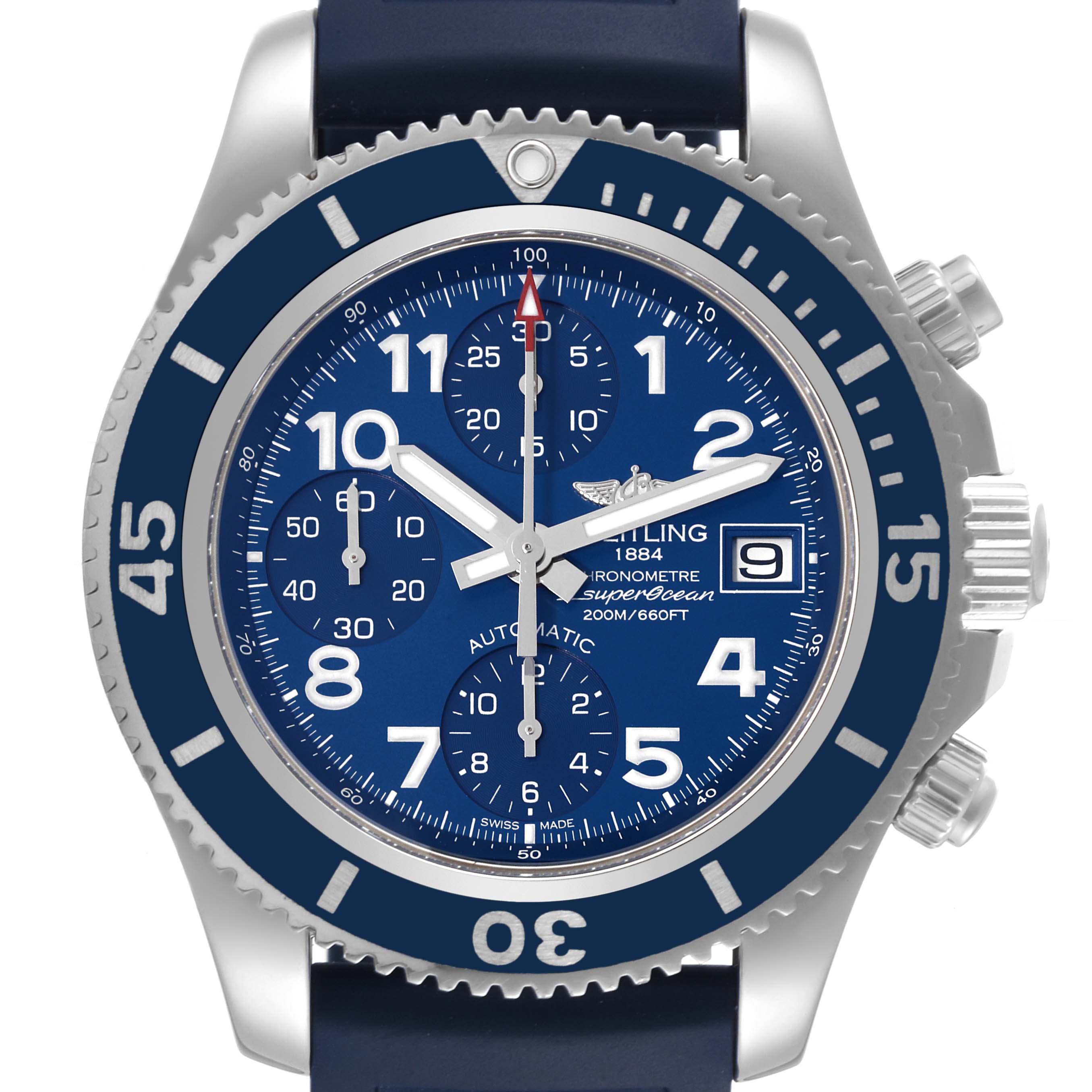 The image shows a front view of the Breitling Superocean A13311 Men's Stainless Steel Blue Dial A13311 Men's Stainless Steel Blue Dial watch, highlighting its blue dial, bezel, chronograph subdials, and date display.