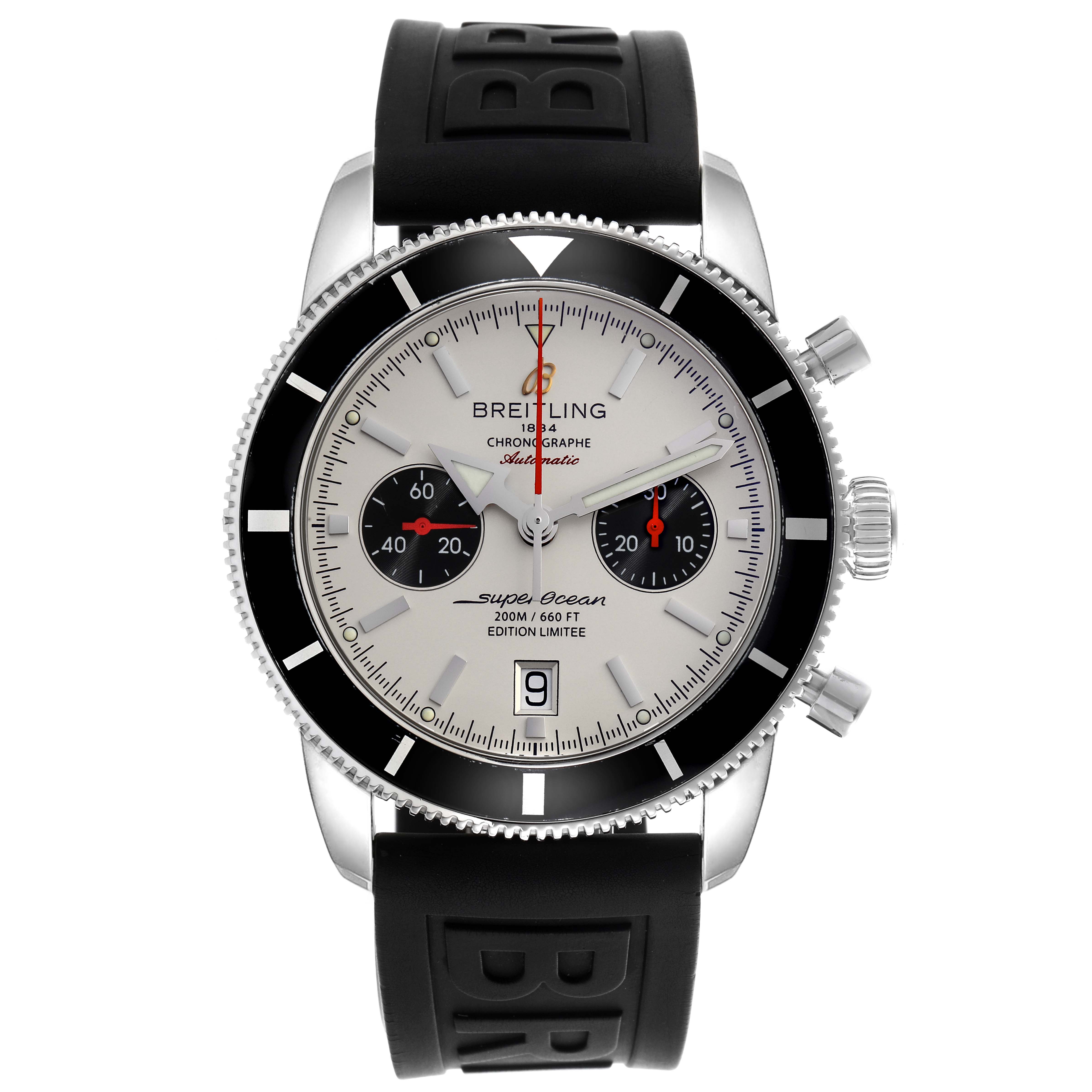 The Breitling Superocean A23320 Men
s Stainless Steel Silver Dial A23320 Men
s Stainless Steel Silver Dial watch is shown from a front view, highlighting its dial, bezel, crown, and strap.