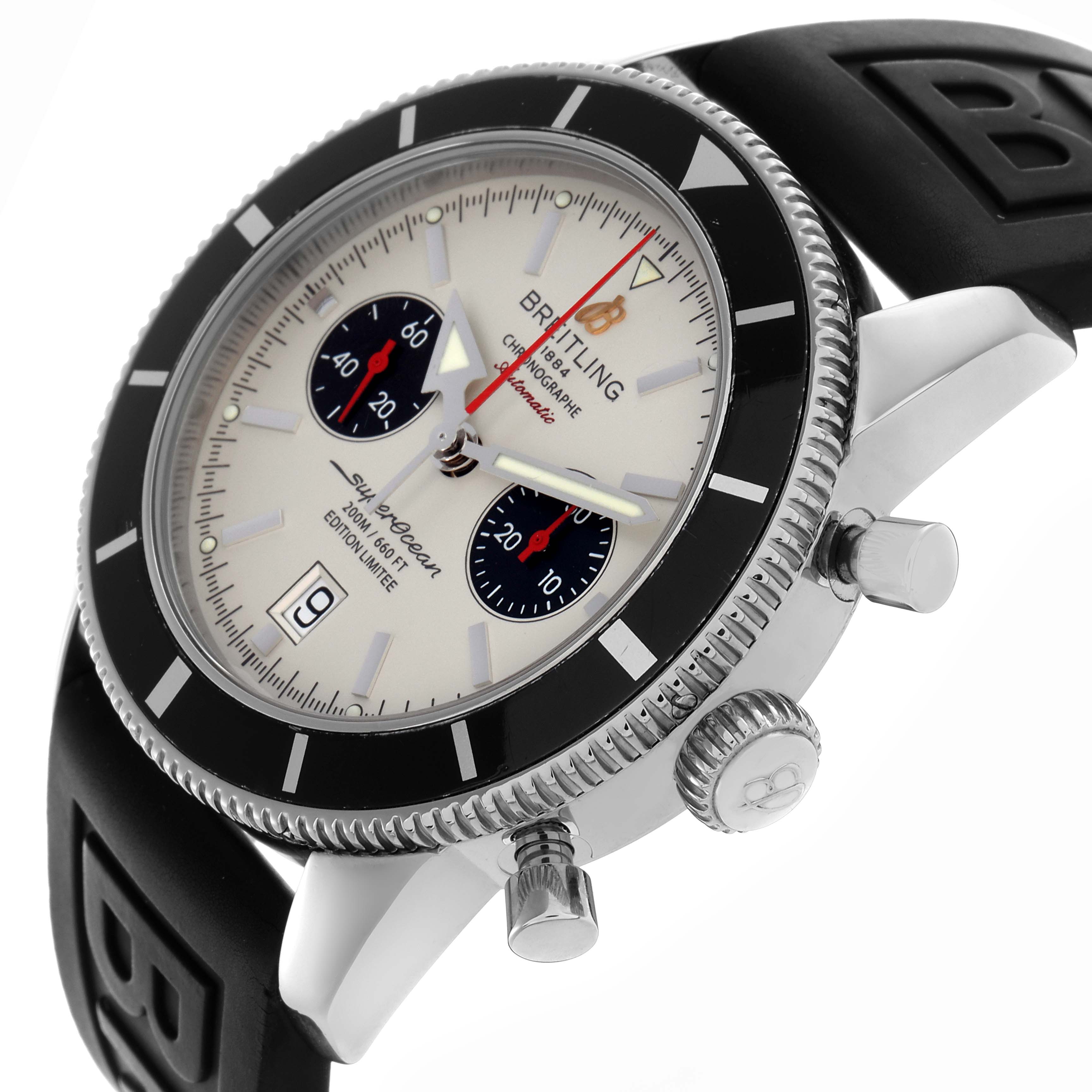 The Breitling Superocean A23320 Men
s Stainless Steel Silver Dial A23320 Men
s Stainless Steel Silver Dial watch is shown at an angle highlighting its bezel, dial, pushers, crown, and rubber strap.