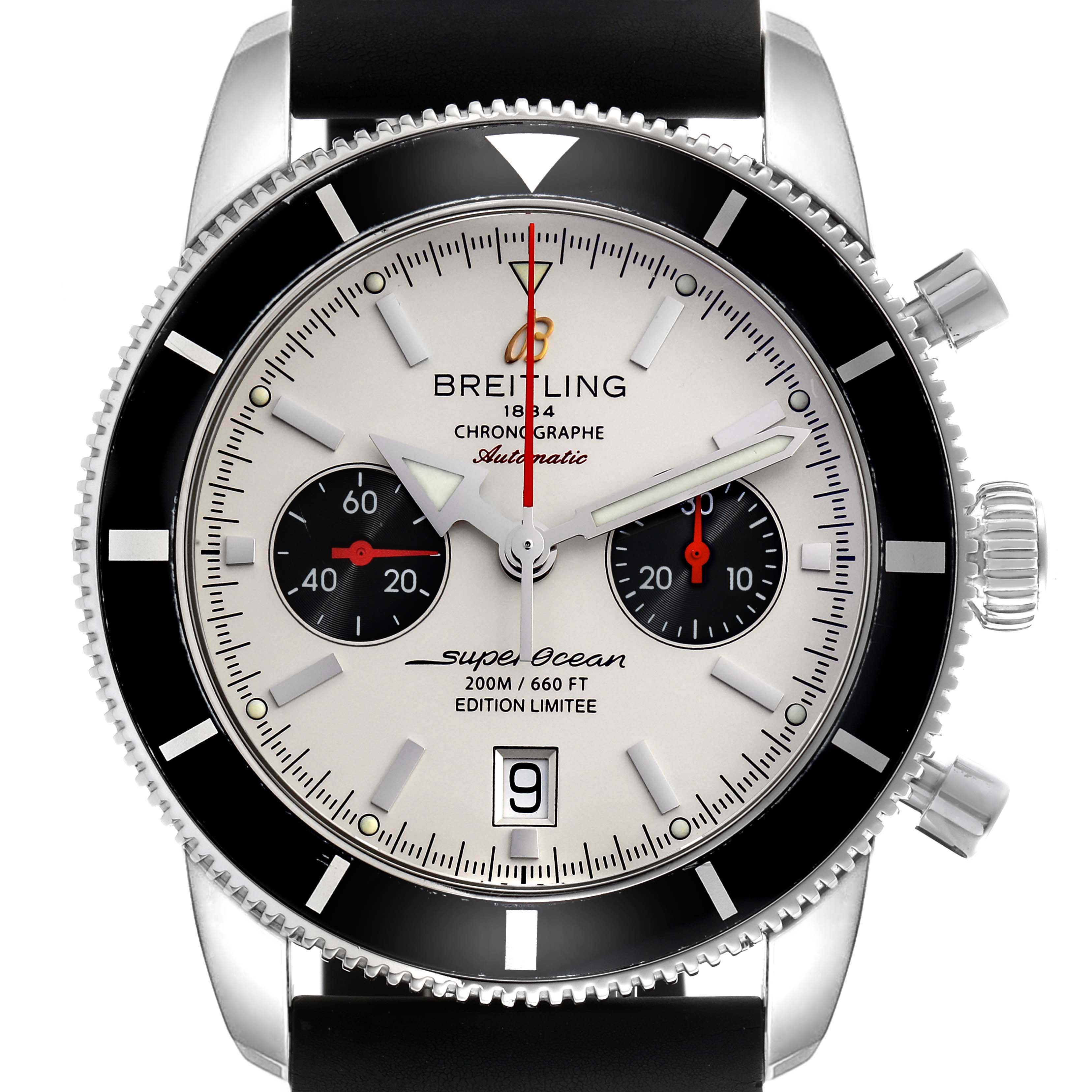 The Breitling Superocean A23320 Men
s Stainless Steel Silver Dial A23320 Men
s Stainless Steel Silver Dial watch is shown from the front, highlighting the dial, subdials, bezel, and crown.