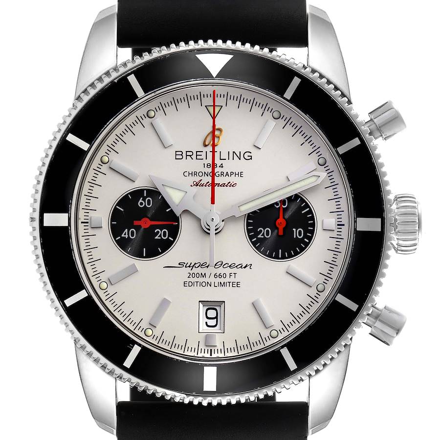 The Breitling Superocean watch is shown from the front, highlighting the dial, subdials, bezel, and crown.