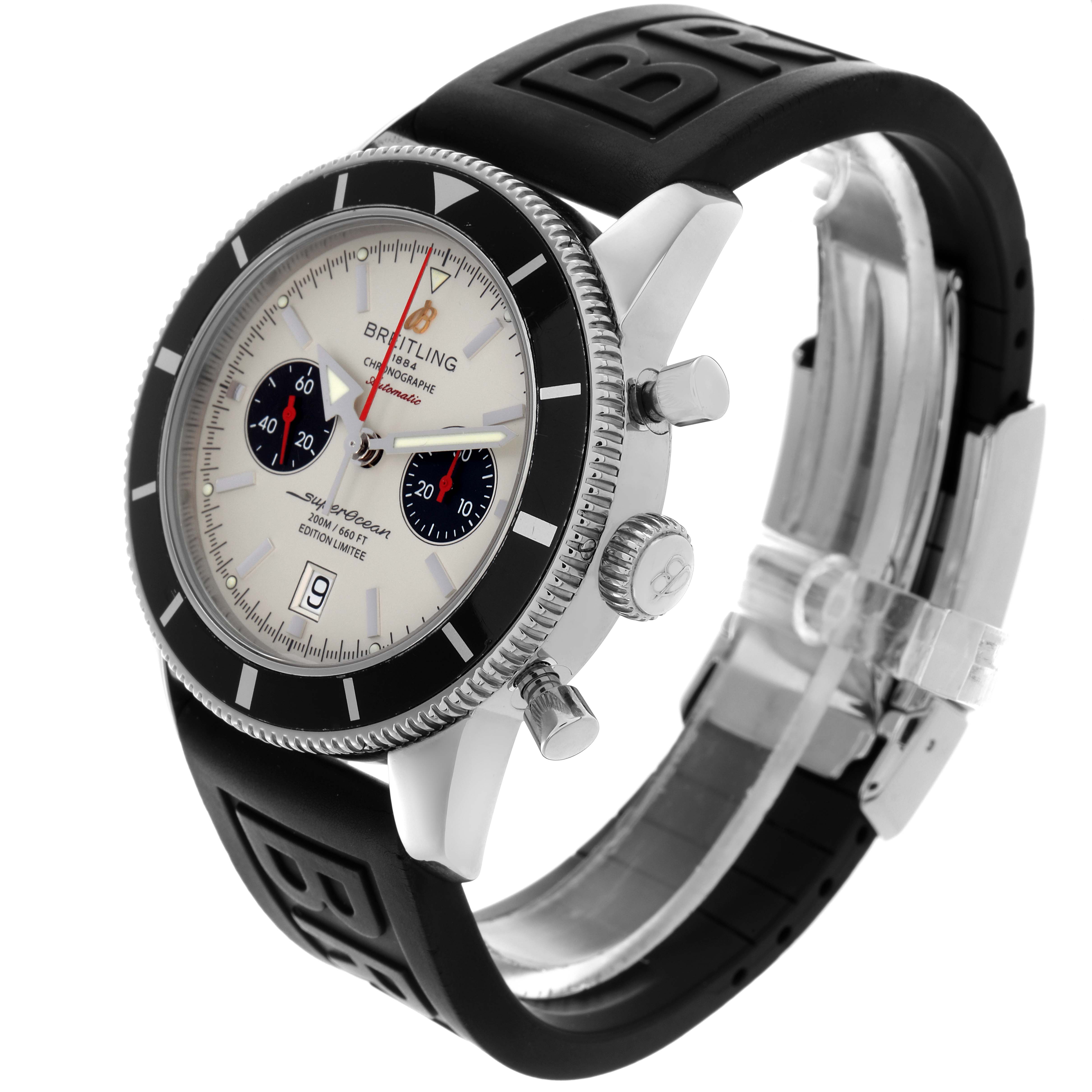 The Breitling Superocean A23320 Men
s Stainless Steel Silver Dial A23320 Men
s Stainless Steel Silver Dial watch is shown at a three-quarter angle, displaying the face, bezel, crown, and chronograph pushers.