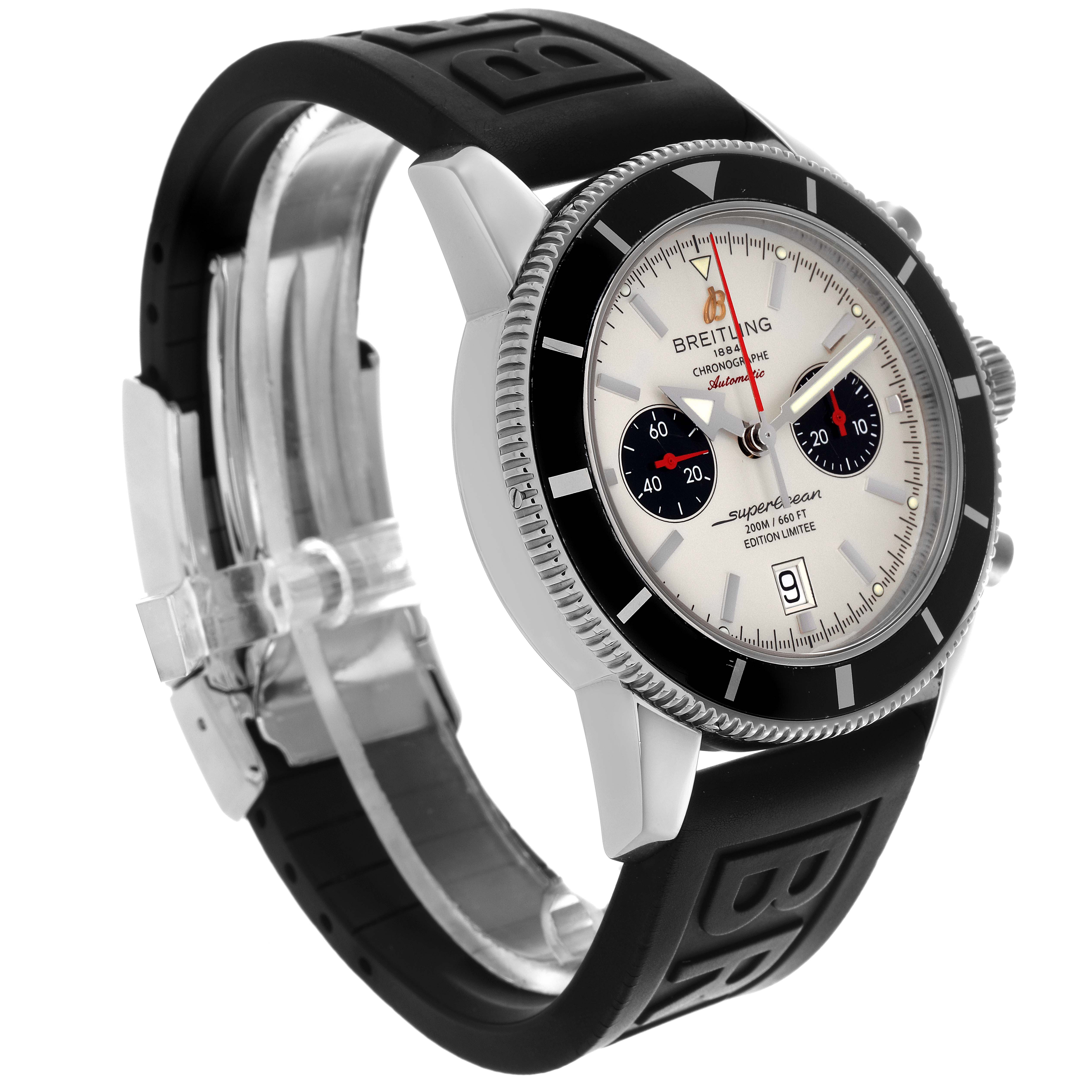 The Breitling Superocean A23320 Men
s Stainless Steel Silver Dial A23320 Men
s Stainless Steel Silver Dial watch is shown at an angled side view, highlighting the dial, bezel, and rubber strap.