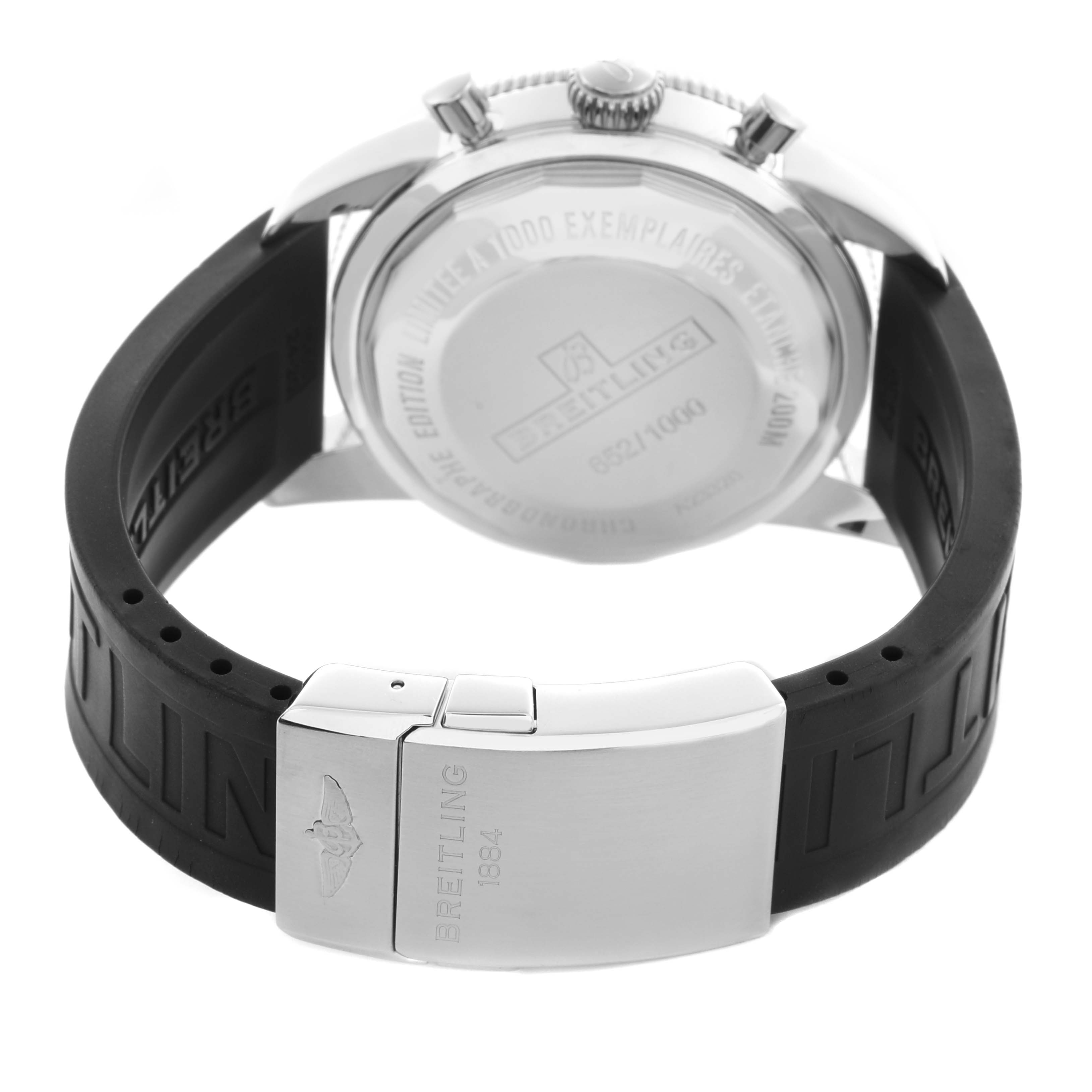 The image shows the back of the Breitling Superocean A23320 Men
s Stainless Steel Silver Dial A23320 Men
s Stainless Steel Silver Dial watch, highlighting the case back, crown, and rubber strap with a clasp.