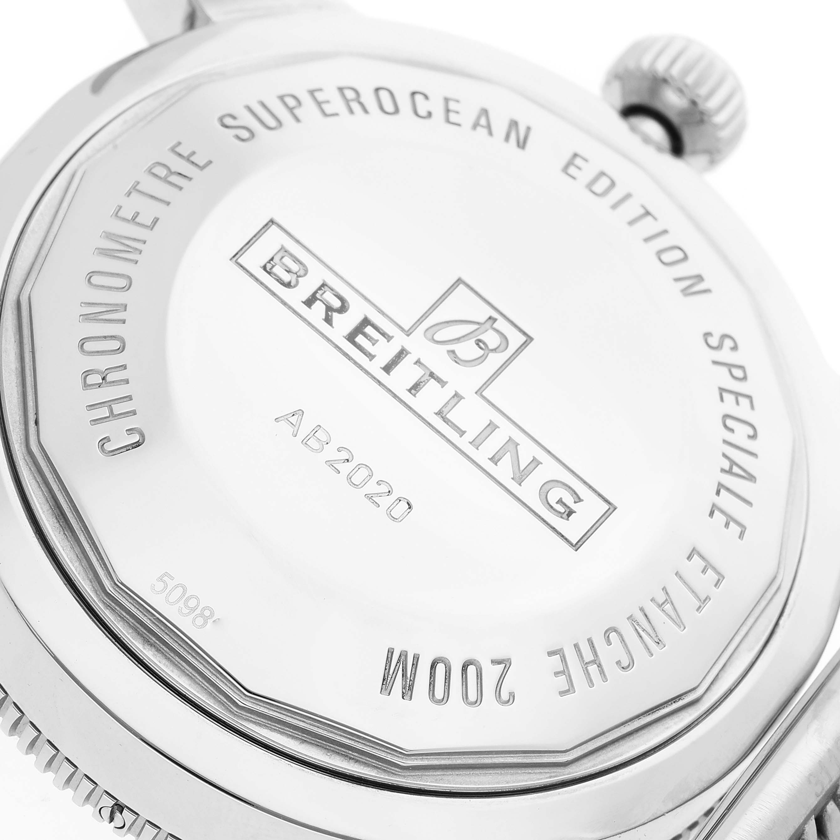 This image shows the back case of the Breitling Superocean AB202016-C961-152A Men's Stainless Steel Blue Dial AB202016-C961-152A Men's Stainless Steel Blue Dial watch, highlighting the branding and model engraving.