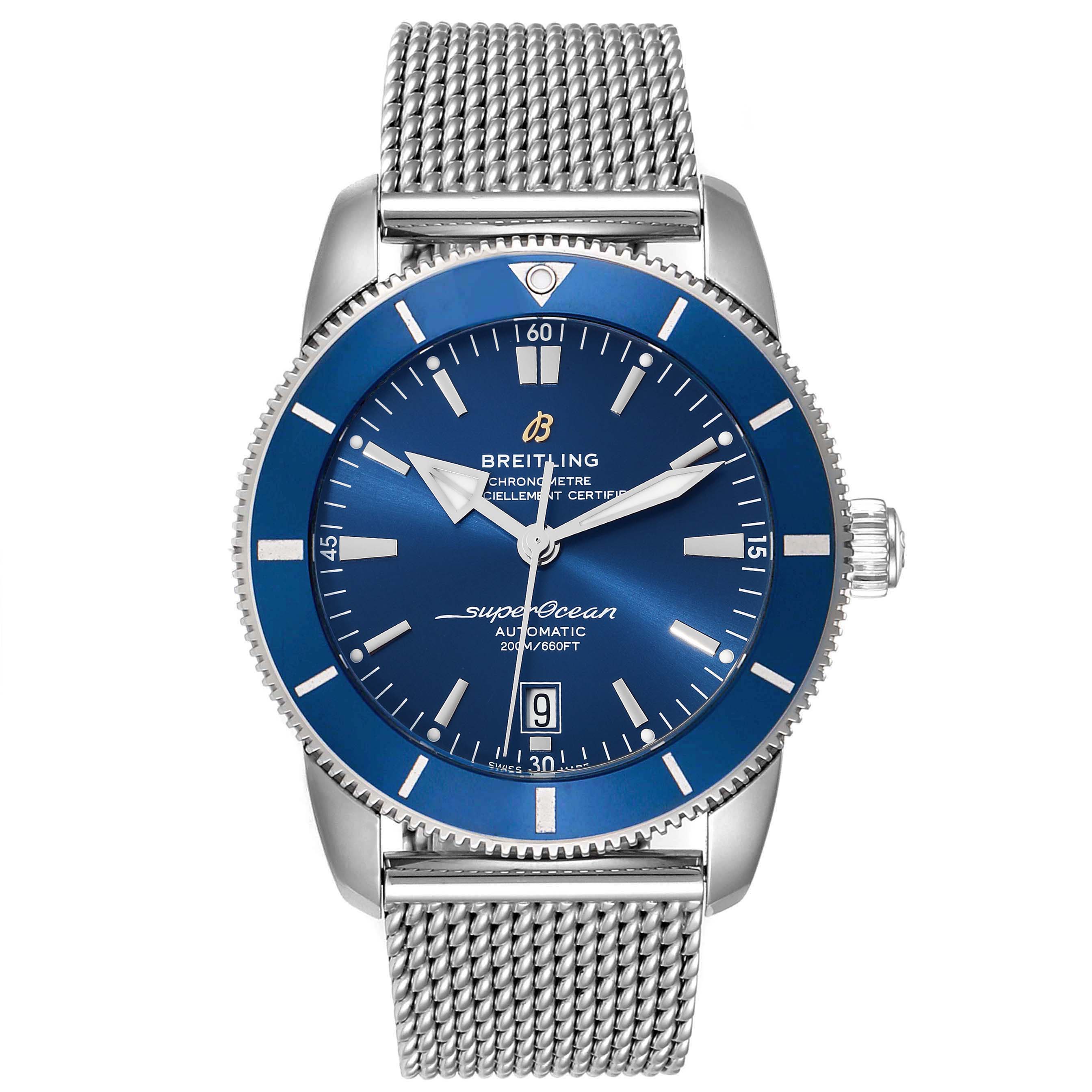 The image shows a front view of the Breitling Superocean AB202016-C961-152A Men's Stainless Steel Blue Dial AB202016-C961-152A Men's Stainless Steel Blue Dial watch, highlighting the dial, bezel, crown, and metal mesh strap.