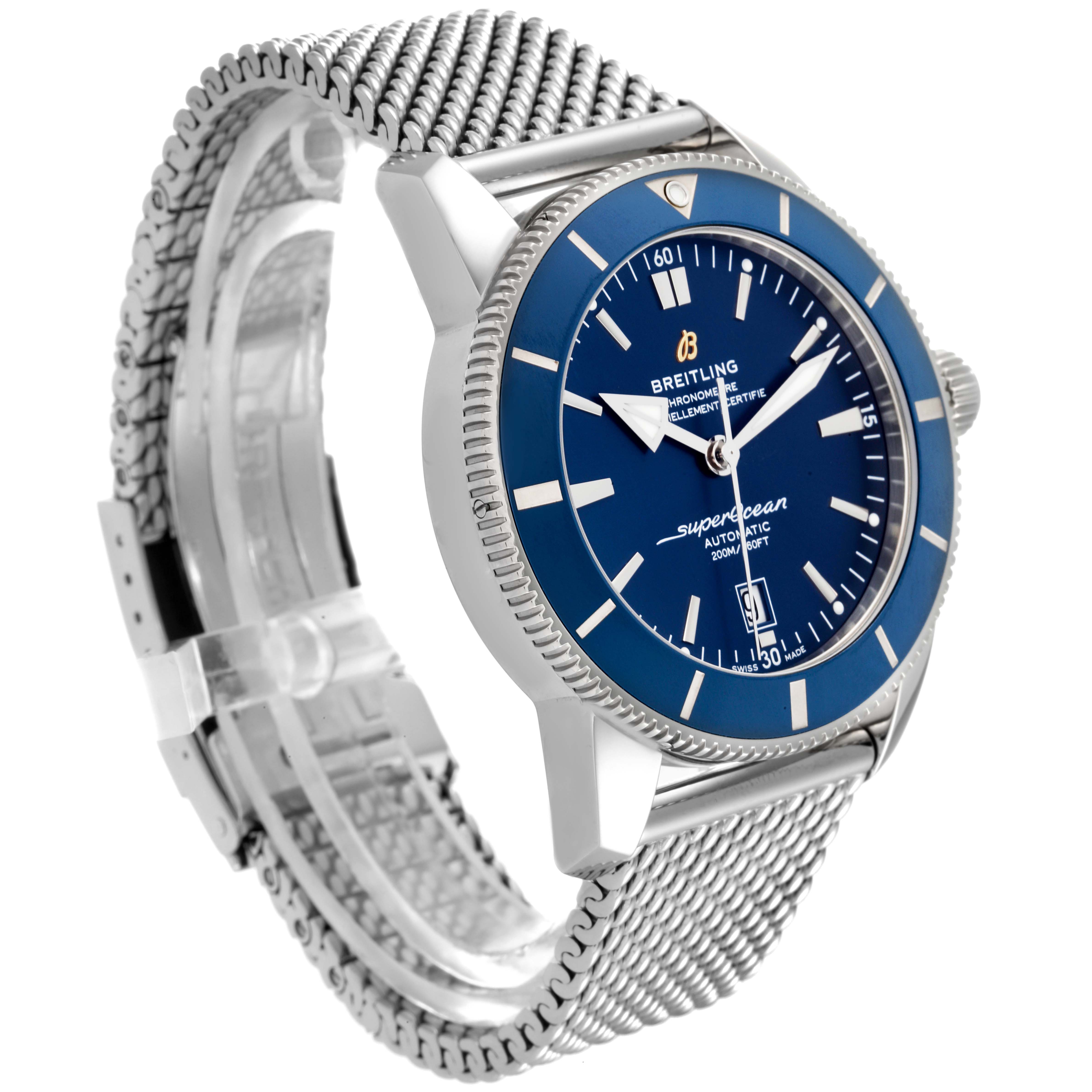 The image shows a Breitling Superocean AB202016-C961-152A Men's Stainless Steel Blue Dial AB202016-C961-152A Men's Stainless Steel Blue Dial watch angled from the left side, displaying the dial, bezel, and mesh bracelet clearly.