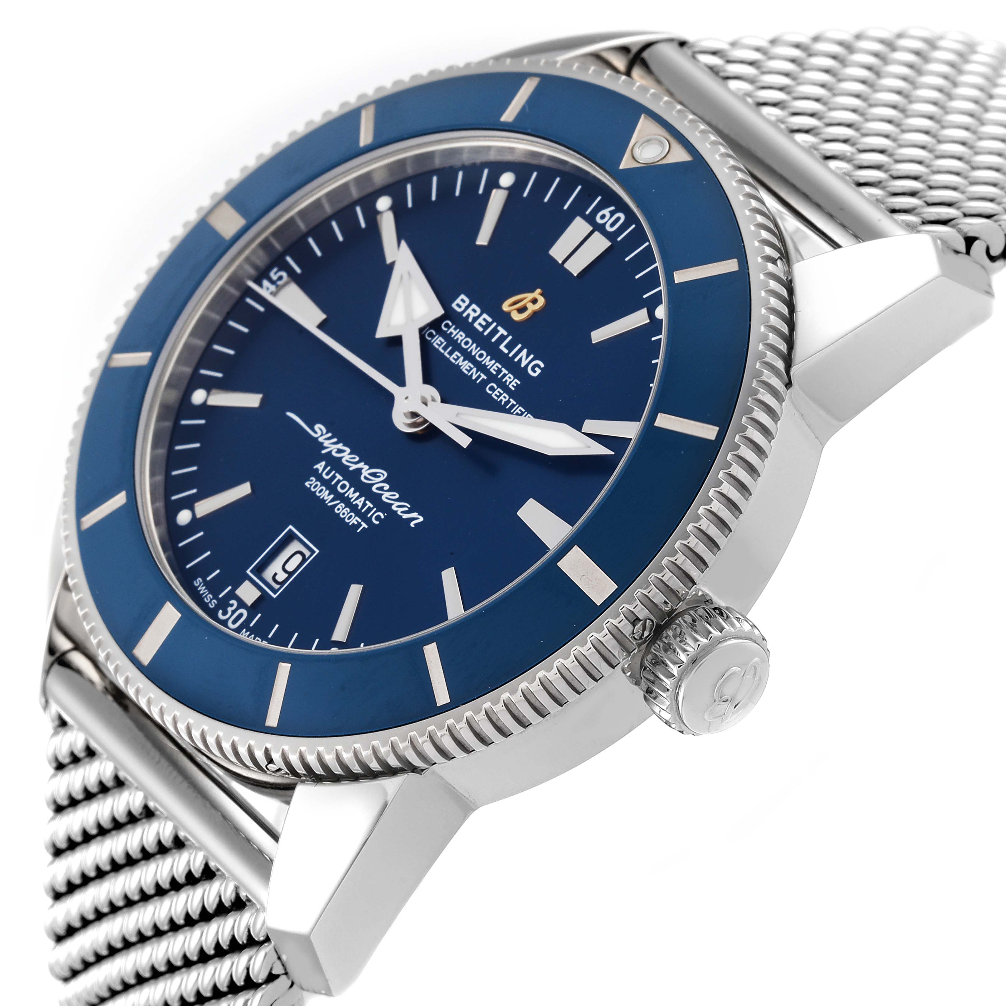 The Breitling Superocean AB202016-C961-152A Men's Stainless Steel Blue Dial AB202016-C961-152A Men's Stainless Steel Blue Dial watch is shown at an angle focusing on the front dial, bezel, crown, and steel mesh bracelet.