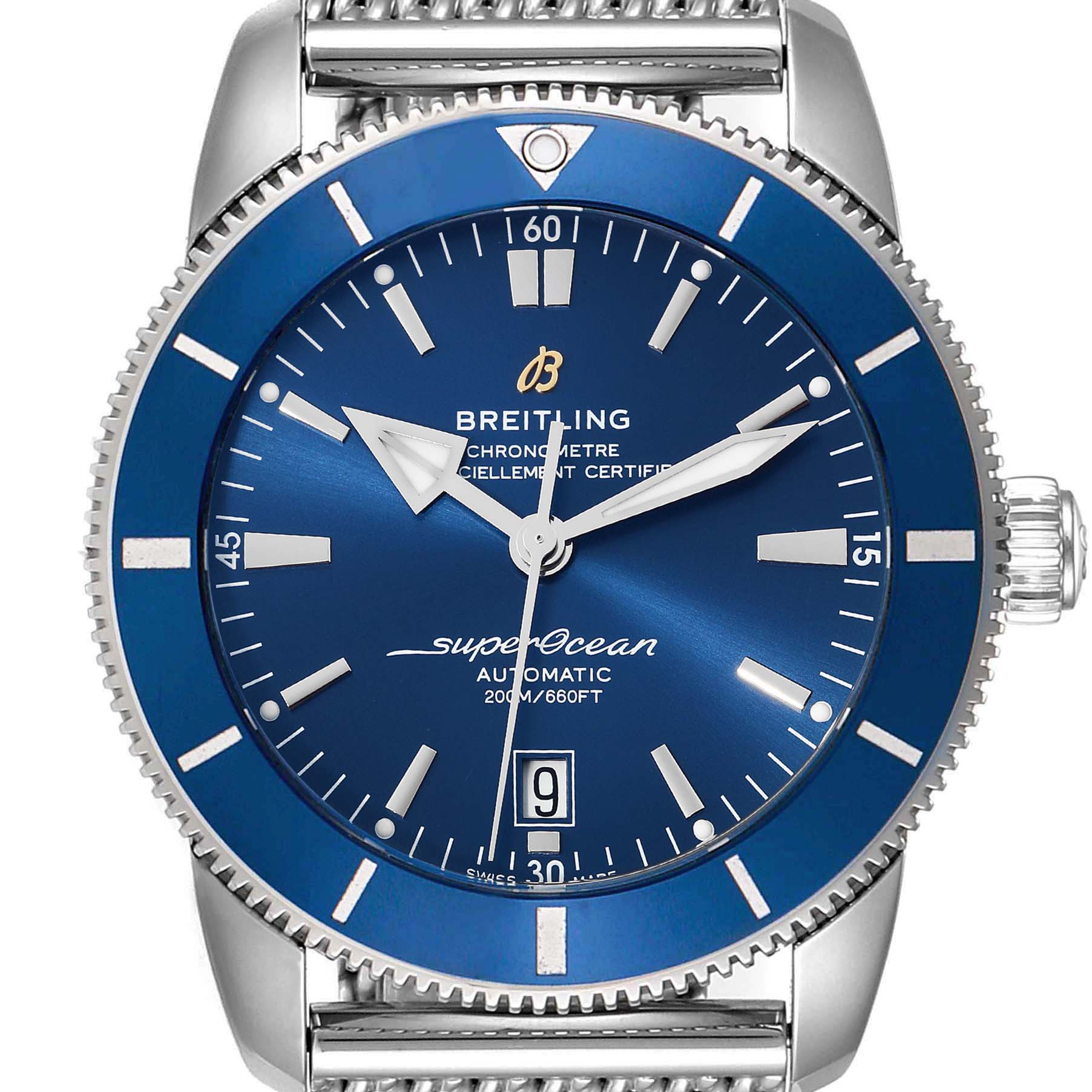 The image shows a front view of the Breitling Superocean AB202016-C961-152A Men's Stainless Steel Blue Dial AB202016-C961-152A Men's Stainless Steel Blue Dial watch featuring its blue dial, bezel, and date display.