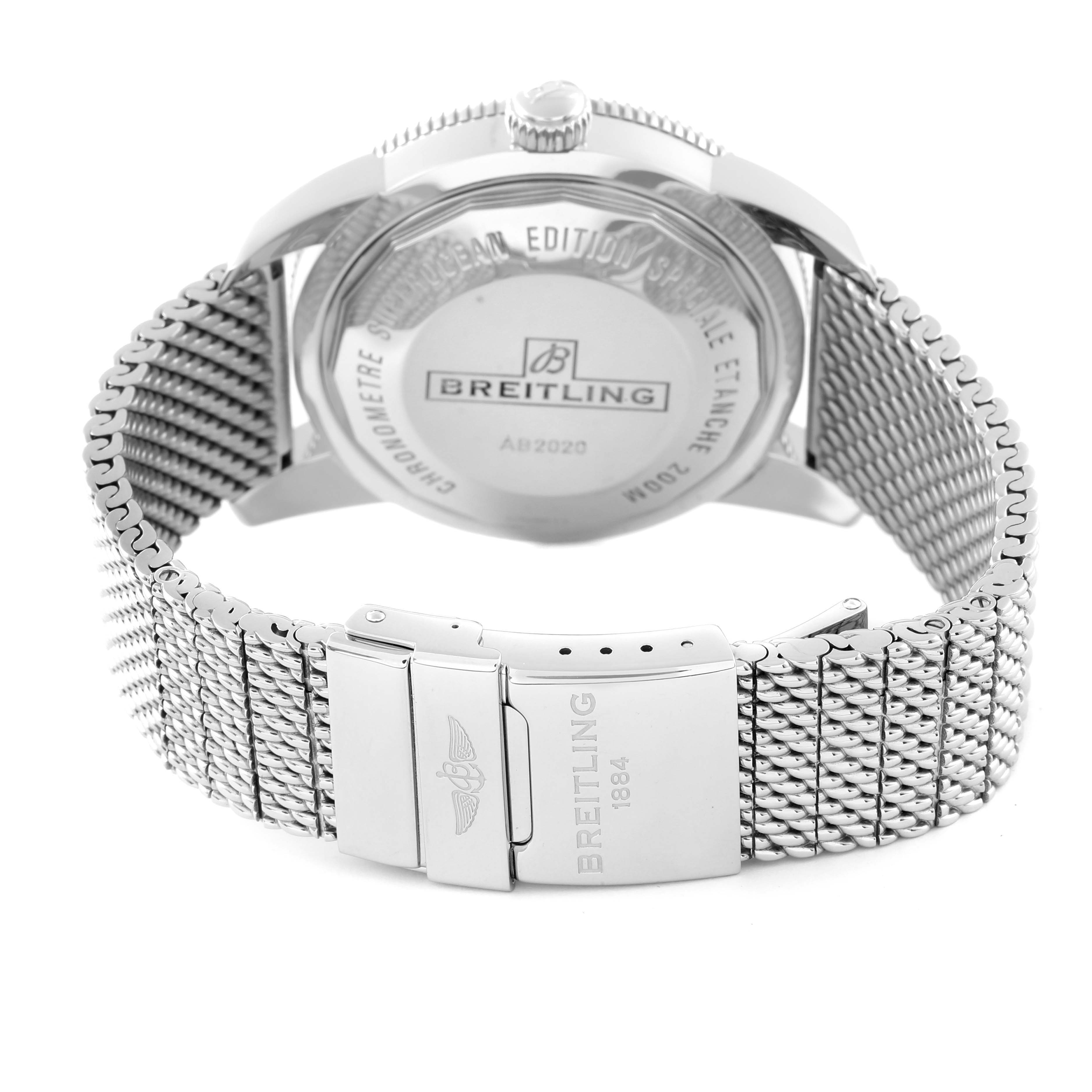 The image shows the back case and bracelet of a Breitling Superocean AB202016-C961-152A Men's Stainless Steel Blue Dial AB202016-C961-152A Men's Stainless Steel Blue Dial watch, highlighting the clasp and branding.