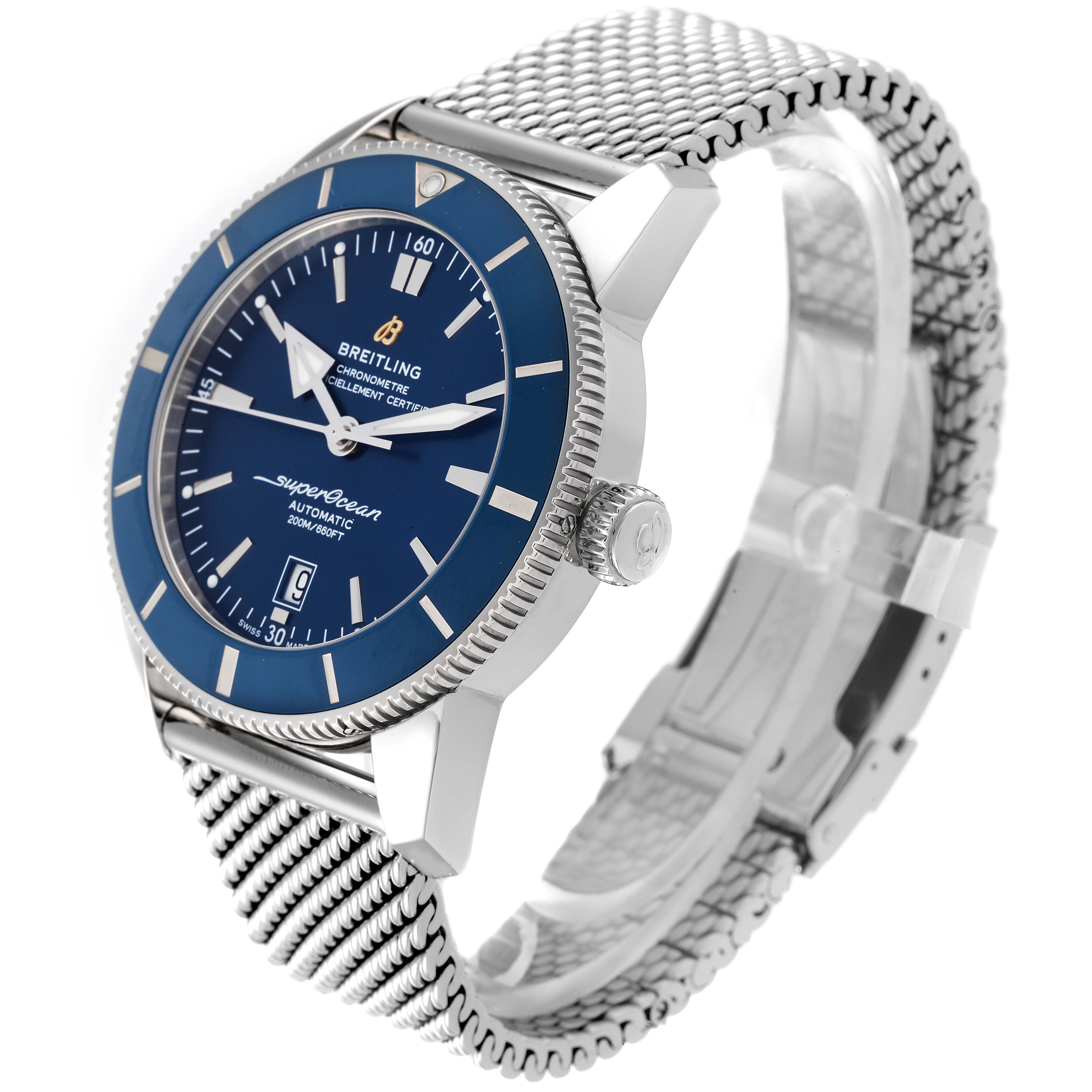 This Breitling Superocean AB202016-C961-152A Men's Stainless Steel Blue Dial AB202016-C961-152A Men's Stainless Steel Blue Dial watch is shown from an angled side view, displaying the face, bezel, crown, and mesh bracelet.