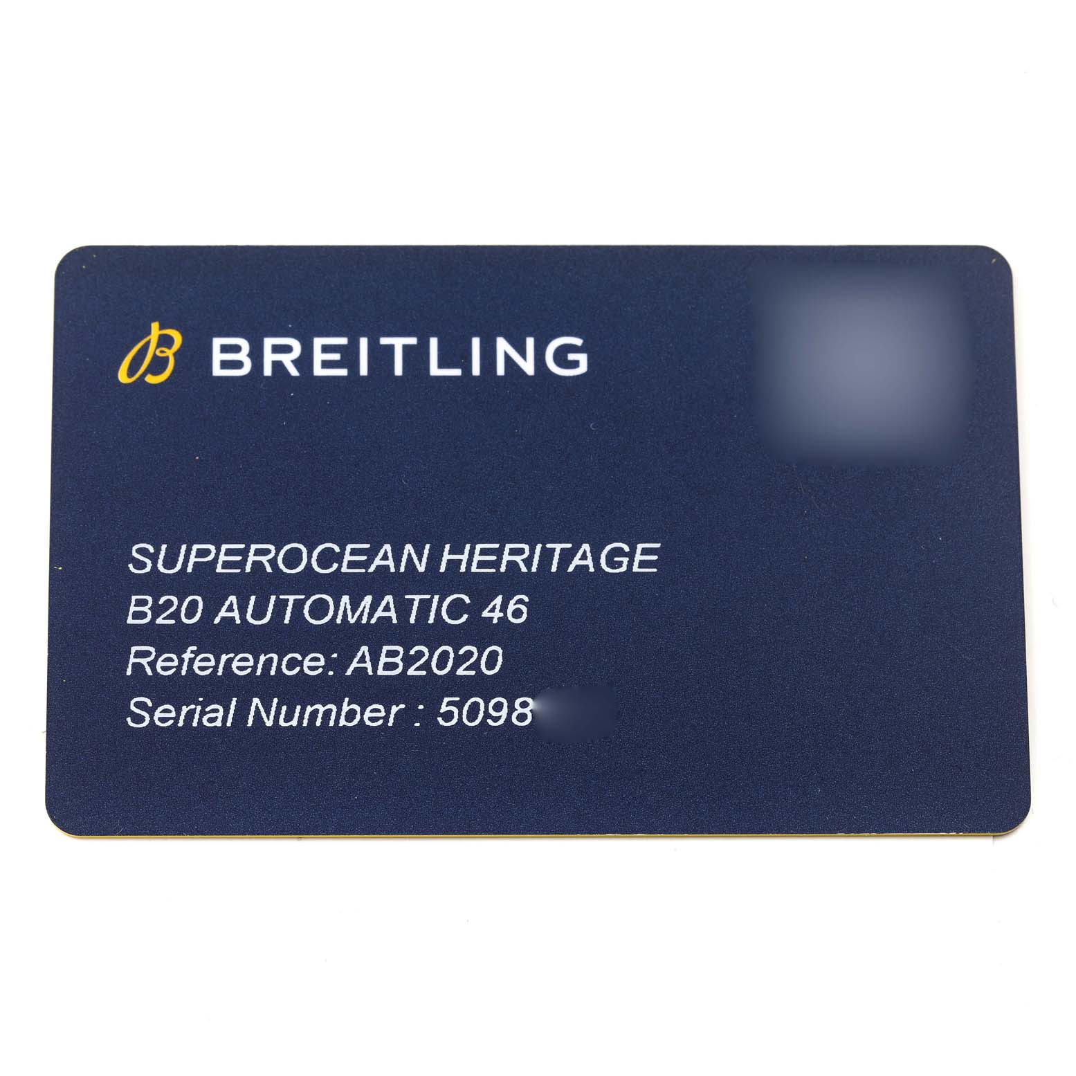 This image shows an identification card for the Breitling Superocean AB202016-C961-152A Men's Stainless Steel Blue Dial AB202016-C961-152A Men's Stainless Steel Blue Dial Heritage B20 Automatic 46 watch model.