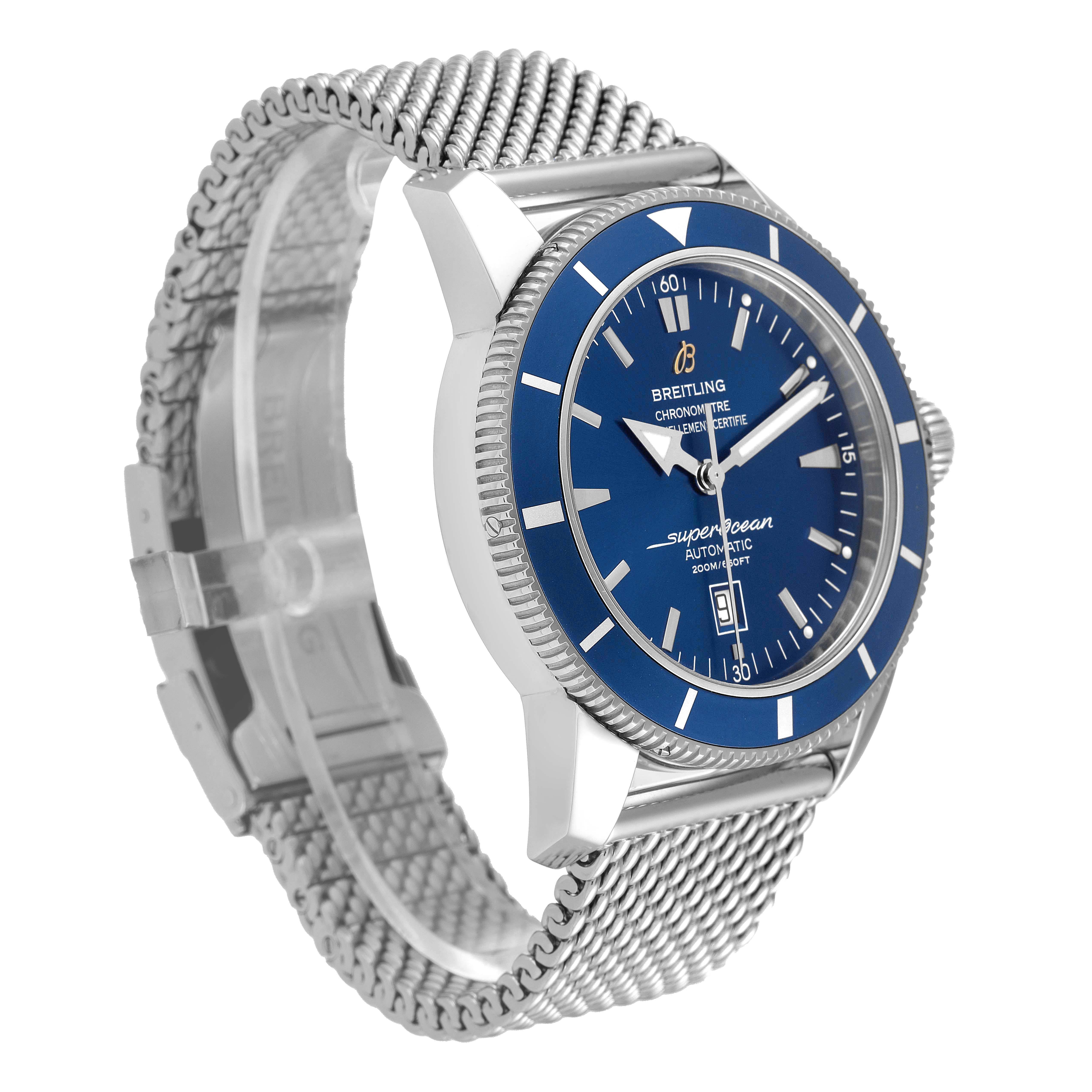 The image shows a Breitling Superocean A17320 Men's Stainless Steel Blue Dial A17320 Men's Stainless Steel Blue Dial watch at an angle revealing the blue dial, bezel, and stainless steel mesh bracelet.