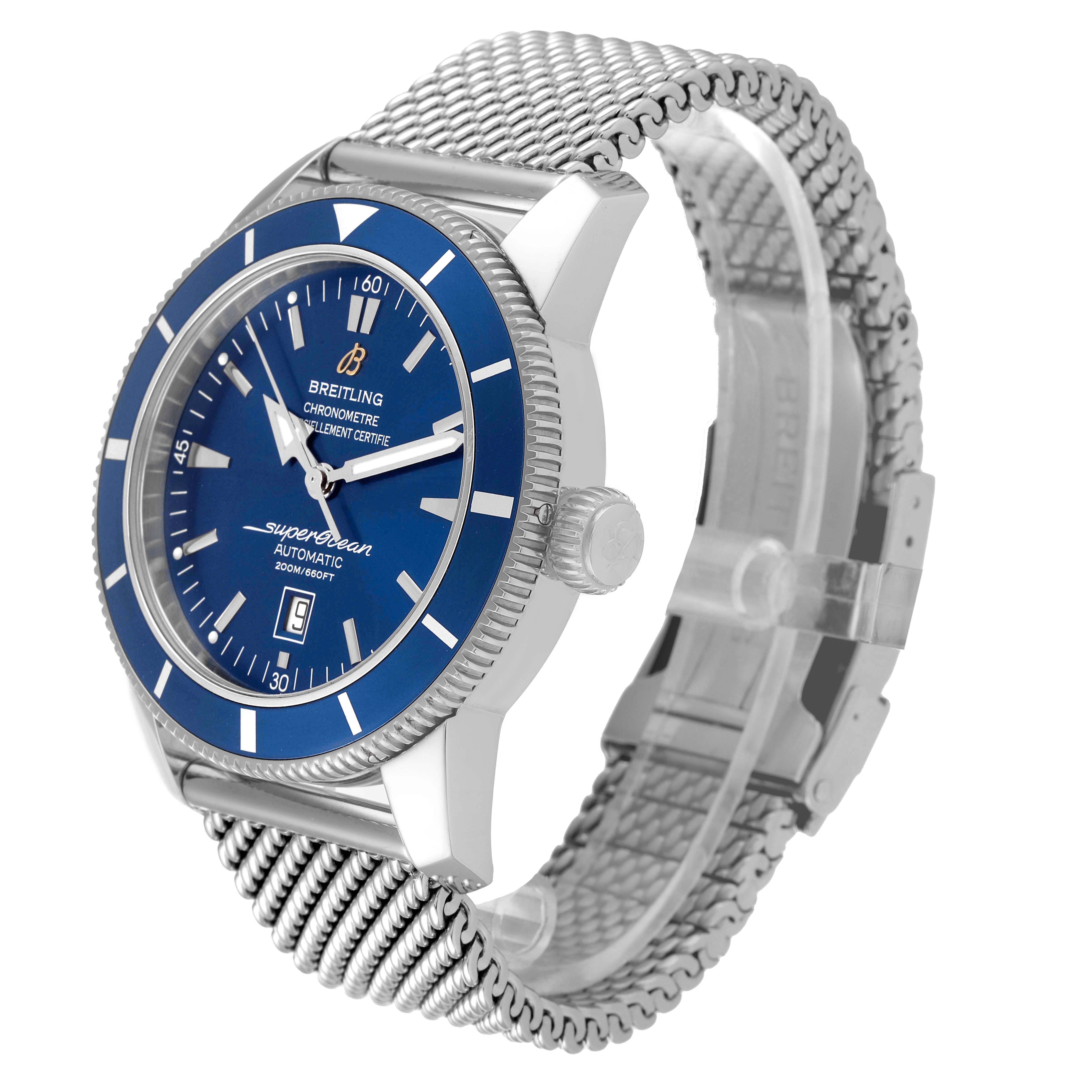 The image shows a side angle of the Breitling Superocean A17320 Men's Stainless Steel Blue Dial A17320 Men's Stainless Steel Blue Dial watch, highlighting the blue dial, bezel, crown, and mesh strap.