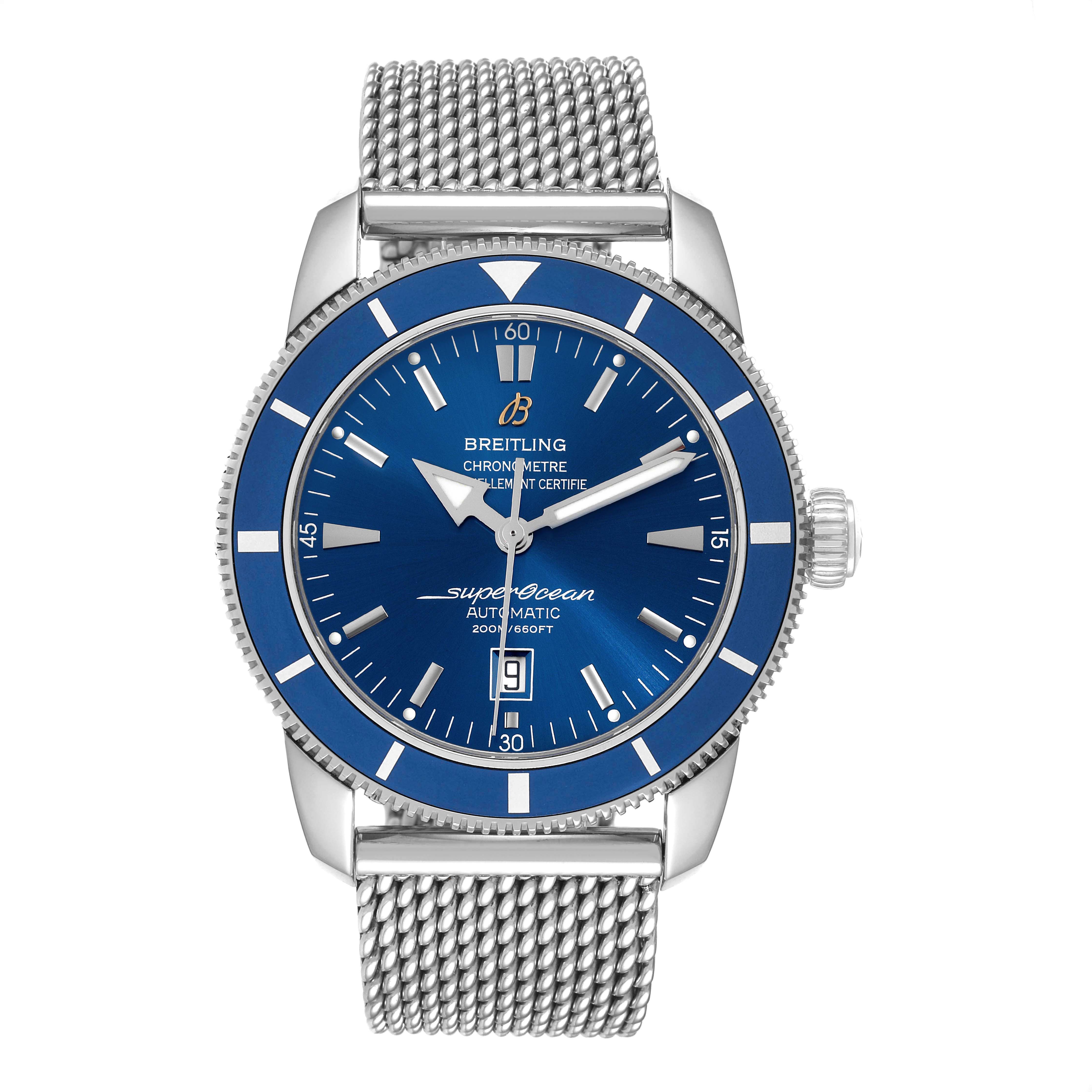 The image shows a front view of the Breitling Superocean A17320 Men's Stainless Steel Blue Dial A17320 Men's Stainless Steel Blue Dial watch, featuring a blue dial, mesh bracelet, and date display.