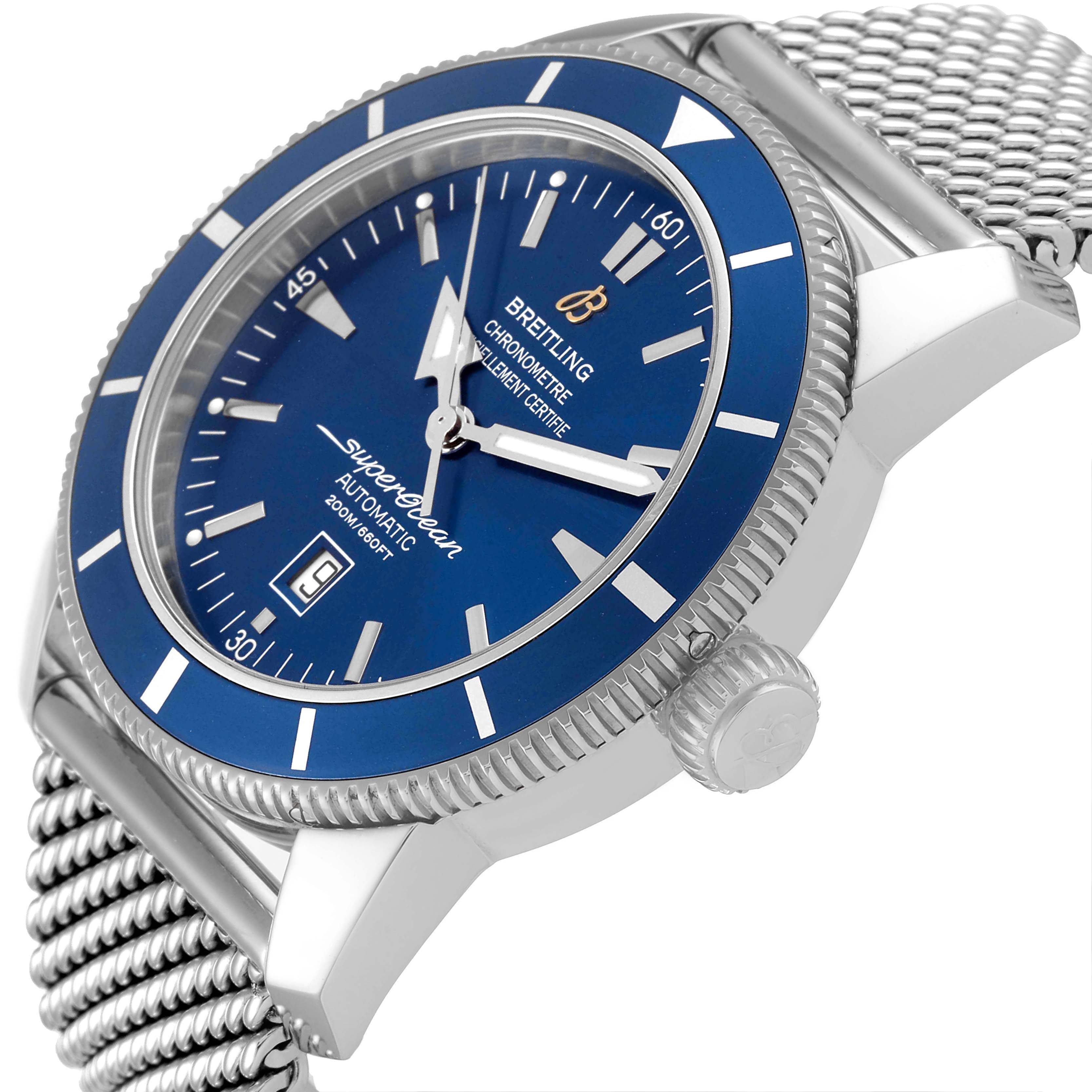 This image shows a Breitling Superocean A17320 Men's Stainless Steel Blue Dial A17320 Men's Stainless Steel Blue Dial watch from a slightly angled side, highlighting the dial, bezel, crown, and metal bracelet.