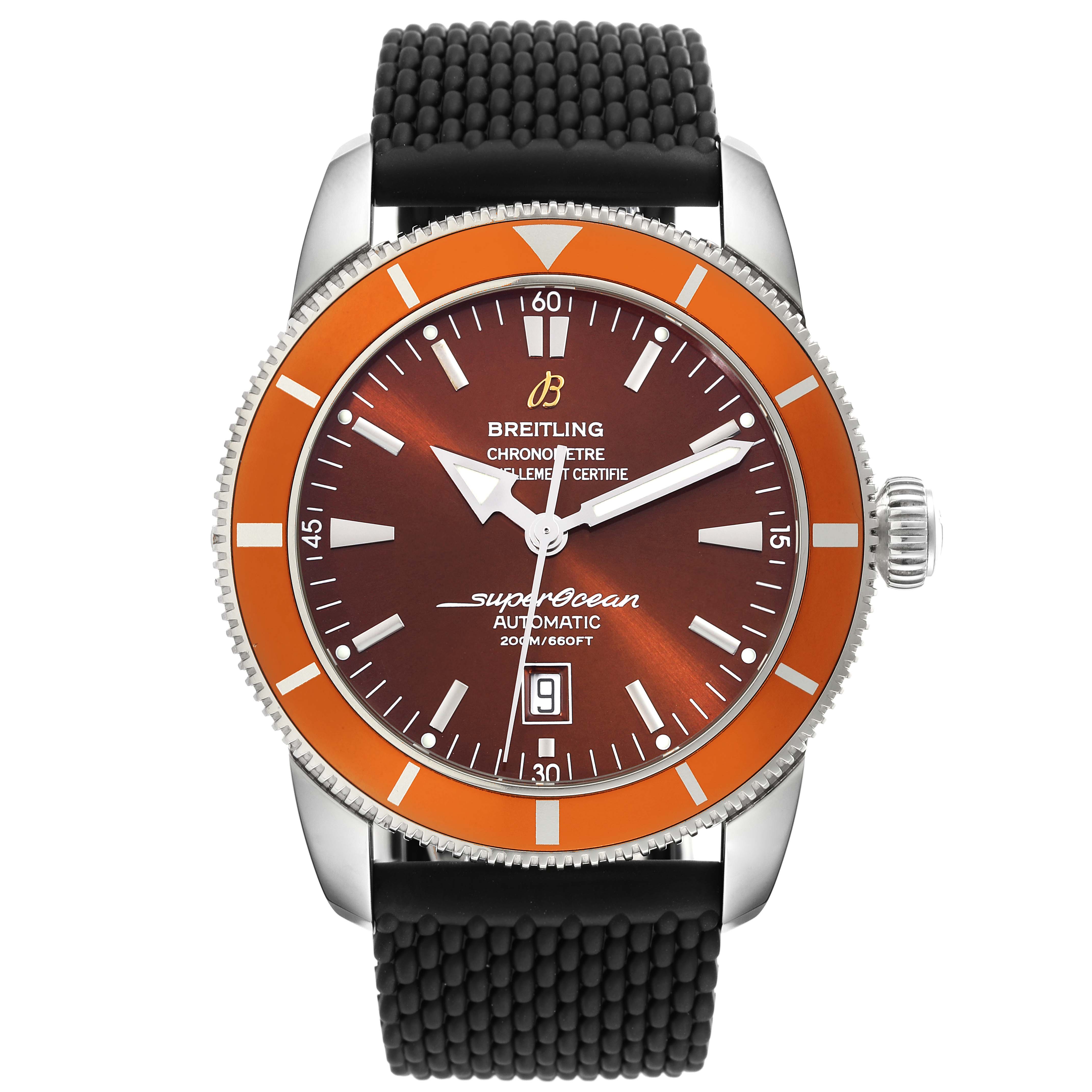 This Breitling Superocean A17320 Men's Stainless Steel Brown Dial A17320 Men's Stainless Steel Brown Dial watch is shown from a front angle, displaying its dial, bezel, and strap.