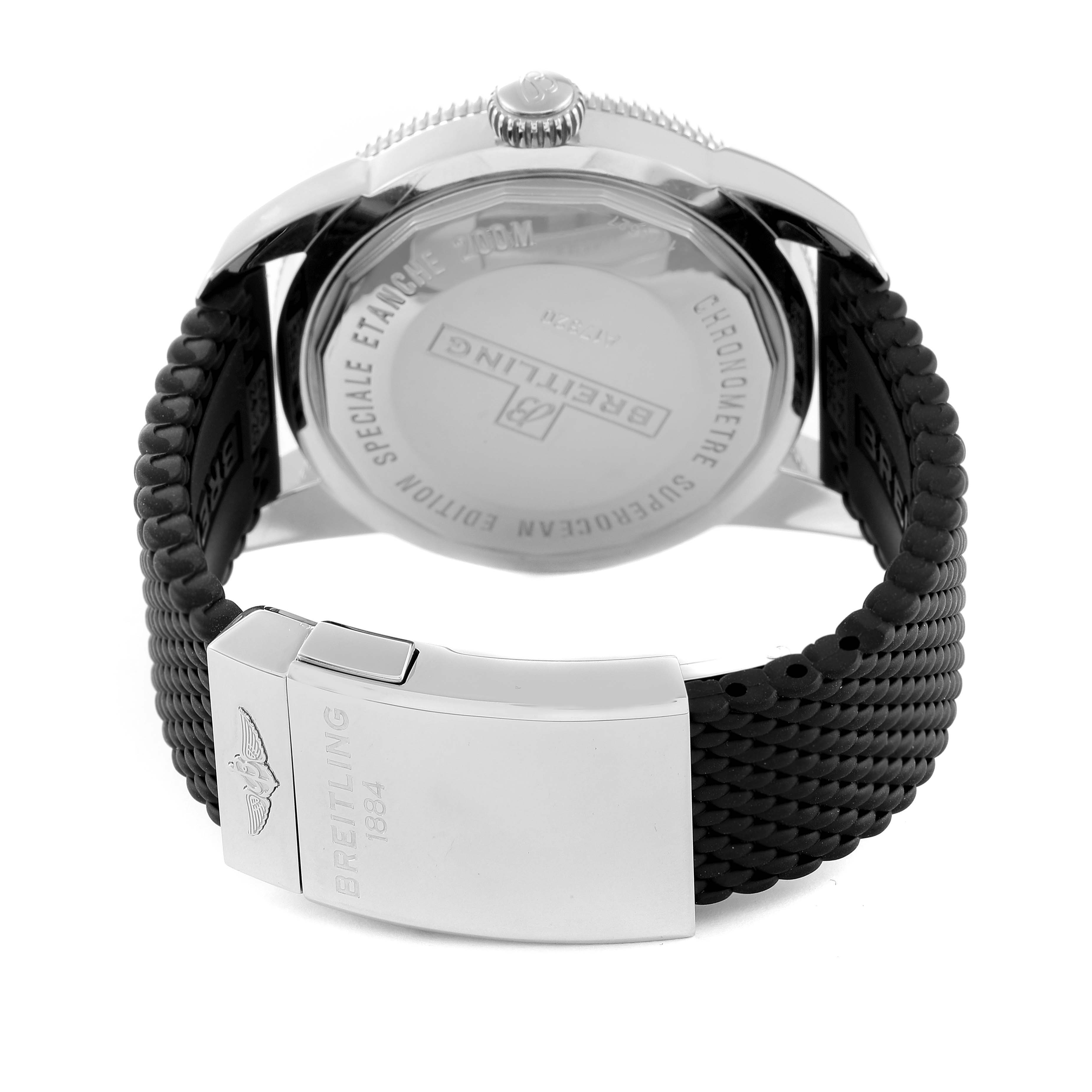 The image shows the back case, crown, and clasp of a Breitling Superocean A17320 Men's Stainless Steel Brown Dial A17320 Men's Stainless Steel Brown Dial watch, emphasizing the stainless steel and rubber strap.