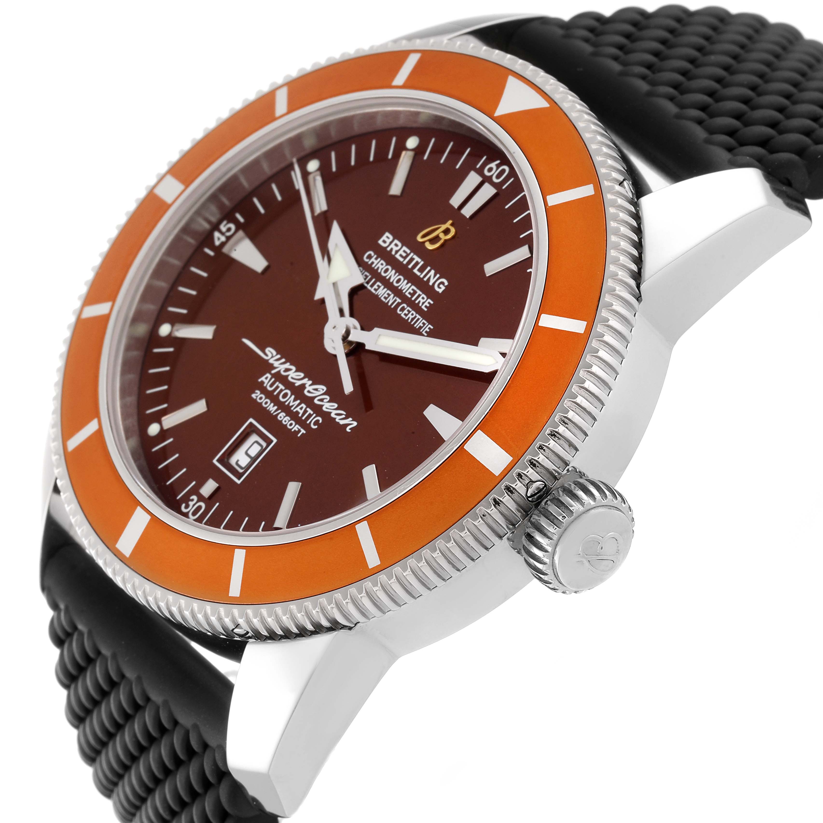 The image shows a Breitling Superocean A17320 Men's Stainless Steel Brown Dial A17320 Men's Stainless Steel Brown Dial model watch, focusing on the face, bezel, crown, and part of the strap from a side angle.