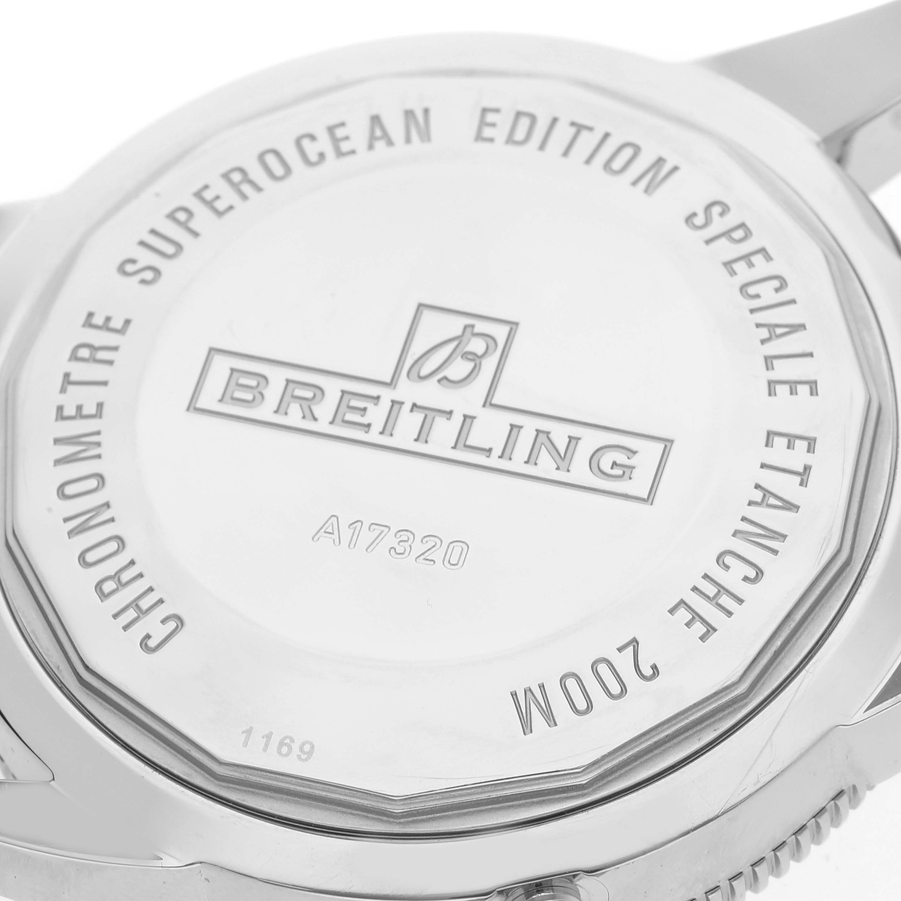 The image shows the backside of a Breitling Superocean A17320 Men's Stainless Steel Brown Dial A17320 Men's Stainless Steel Brown Dial watch, highlighting the engraved text and model number.