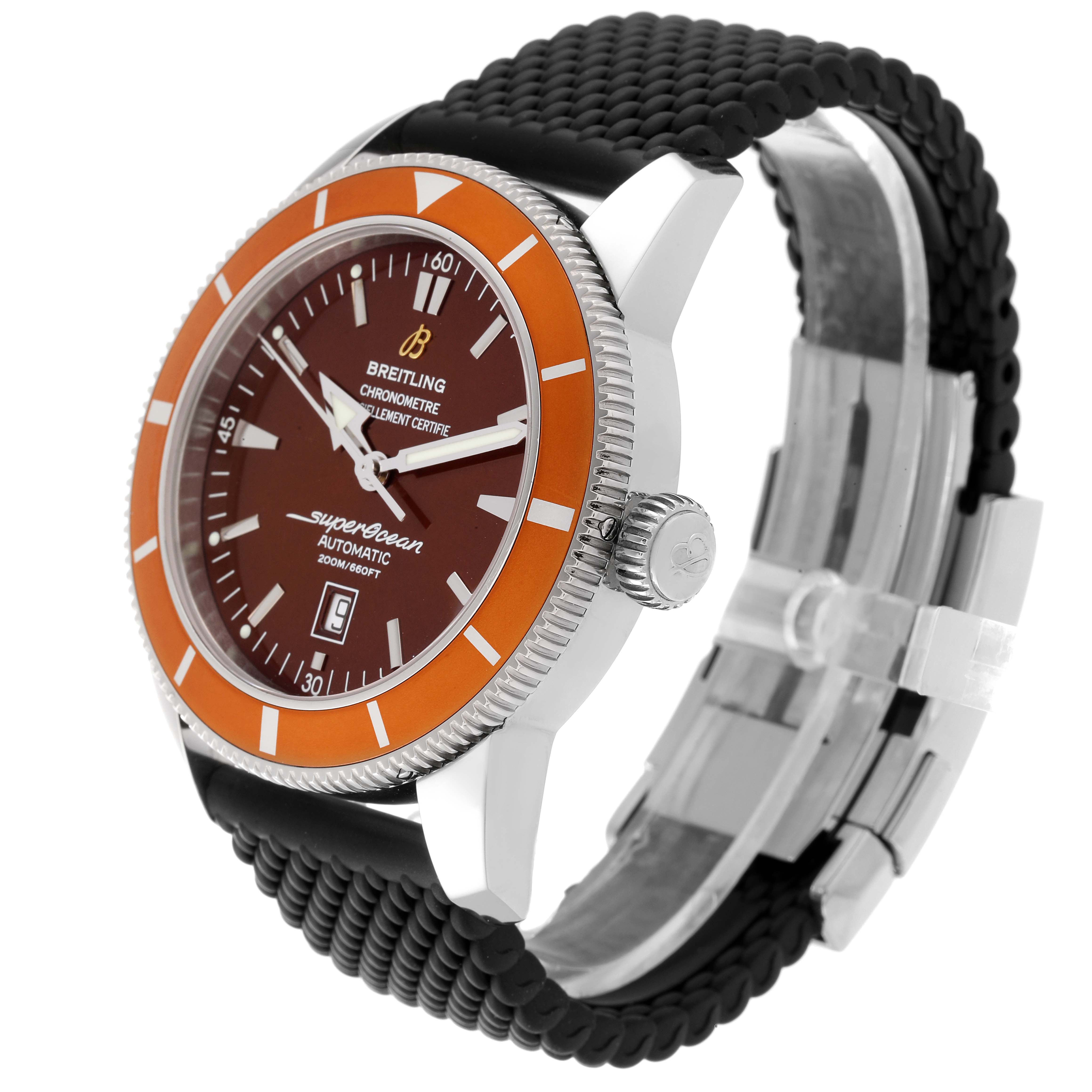 The image shows a Breitling Superocean A17320 Men's Stainless Steel Brown Dial A17320 Men's Stainless Steel Brown Dial watch at a 3/4 angle, highlighting its face, bezel, and braided strap.