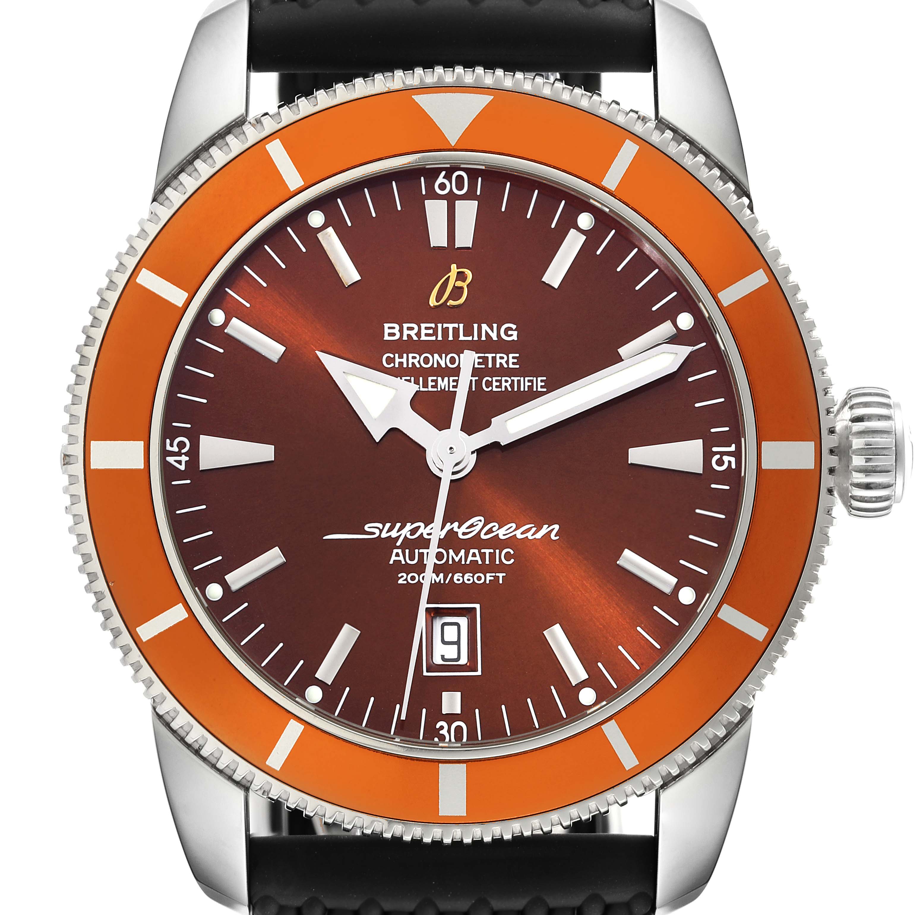 The image shows a front view of a Breitling Superocean A17320 Men's Stainless Steel Brown Dial A17320 Men's Stainless Steel Brown Dial watch, highlighting its orange bezel, dial, hands, and date display.