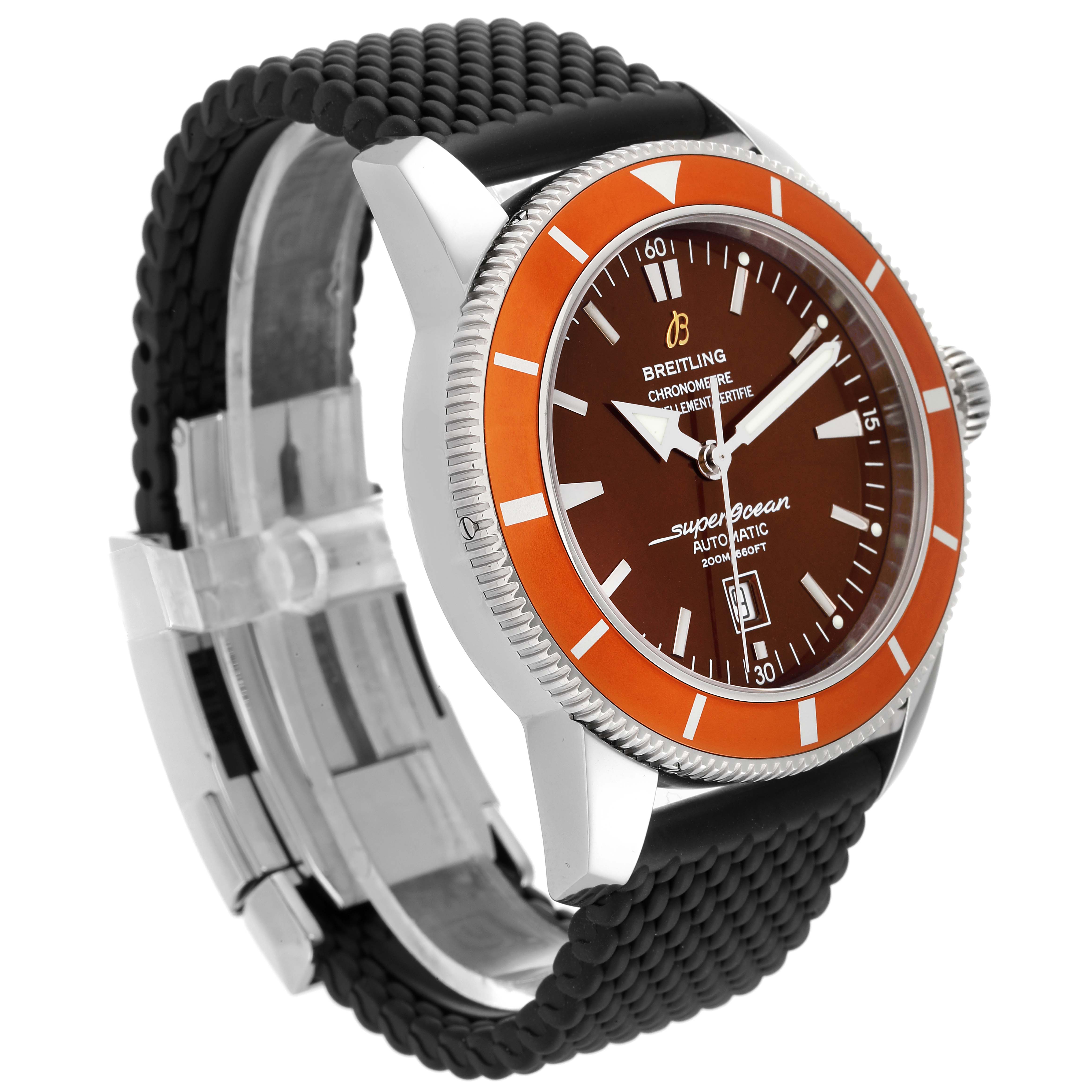 The image shows a side angle of the Breitling Superocean A17320 Men's Stainless Steel Brown Dial A17320 Men's Stainless Steel Brown Dial watch, including the dial, bezel, crown, and strap.