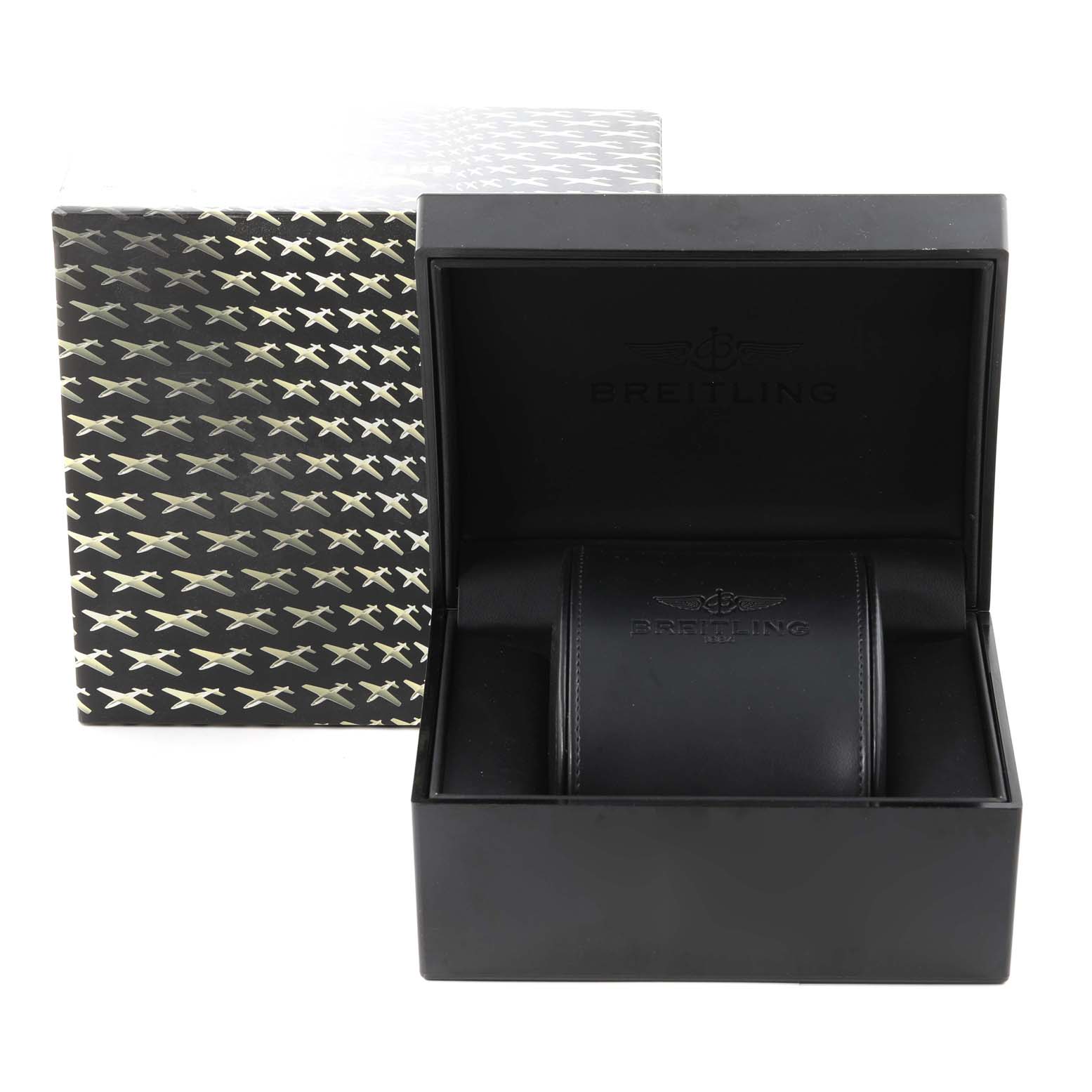 The image shows a Breitling Superocean A17320 Men's Stainless Steel Brown Dial A17320 Men's Stainless Steel Brown Dial watch box and leather case, both featuring the Breitling logo, viewed from the front.