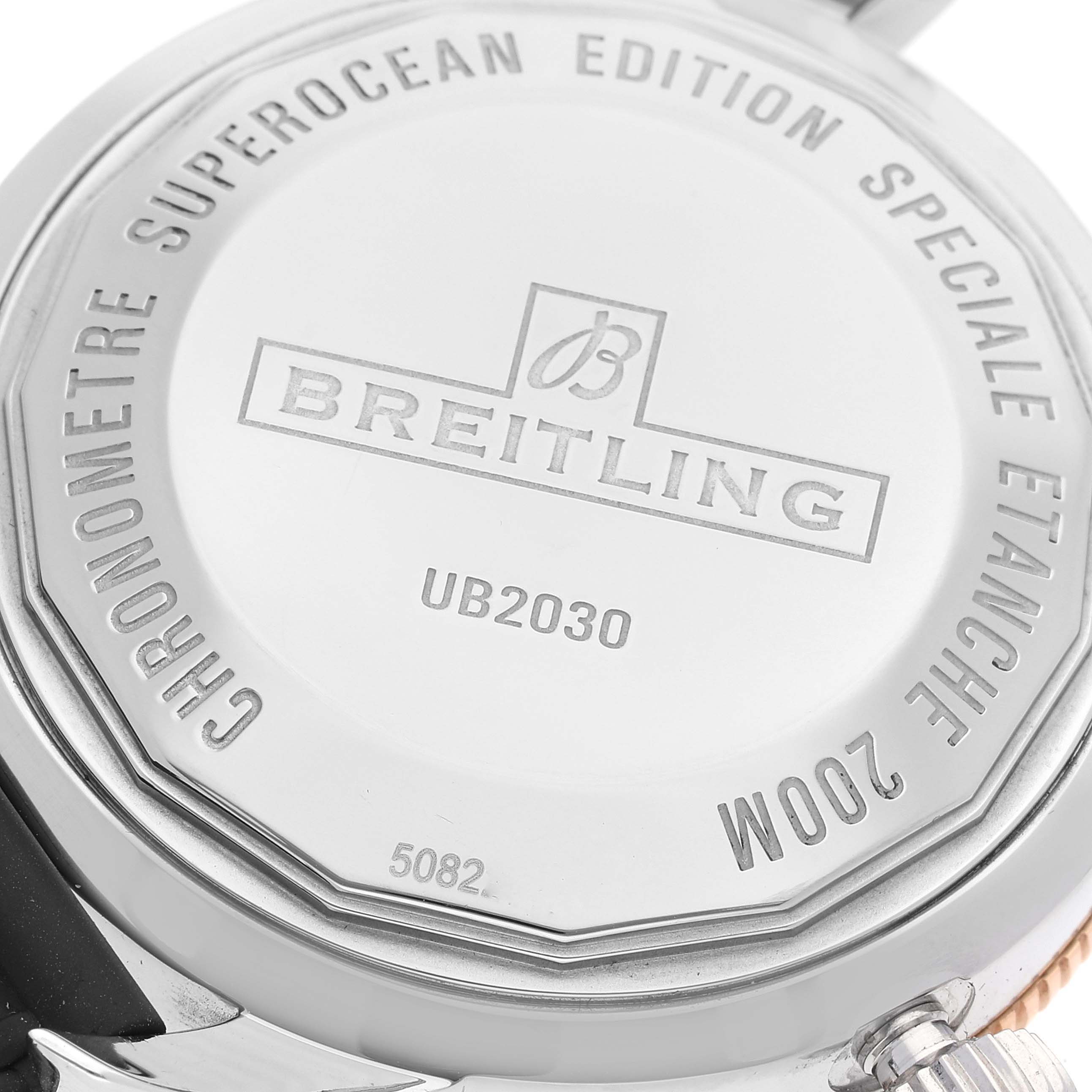 The image shows the back case of a Breitling Superocean UB2030121B1A1 Men's Steel and Gold (two tone) Black Dial UB2030121B1A1 Men's Steel and Gold (two tone) Black Dial model watch, highlighting the engravings.