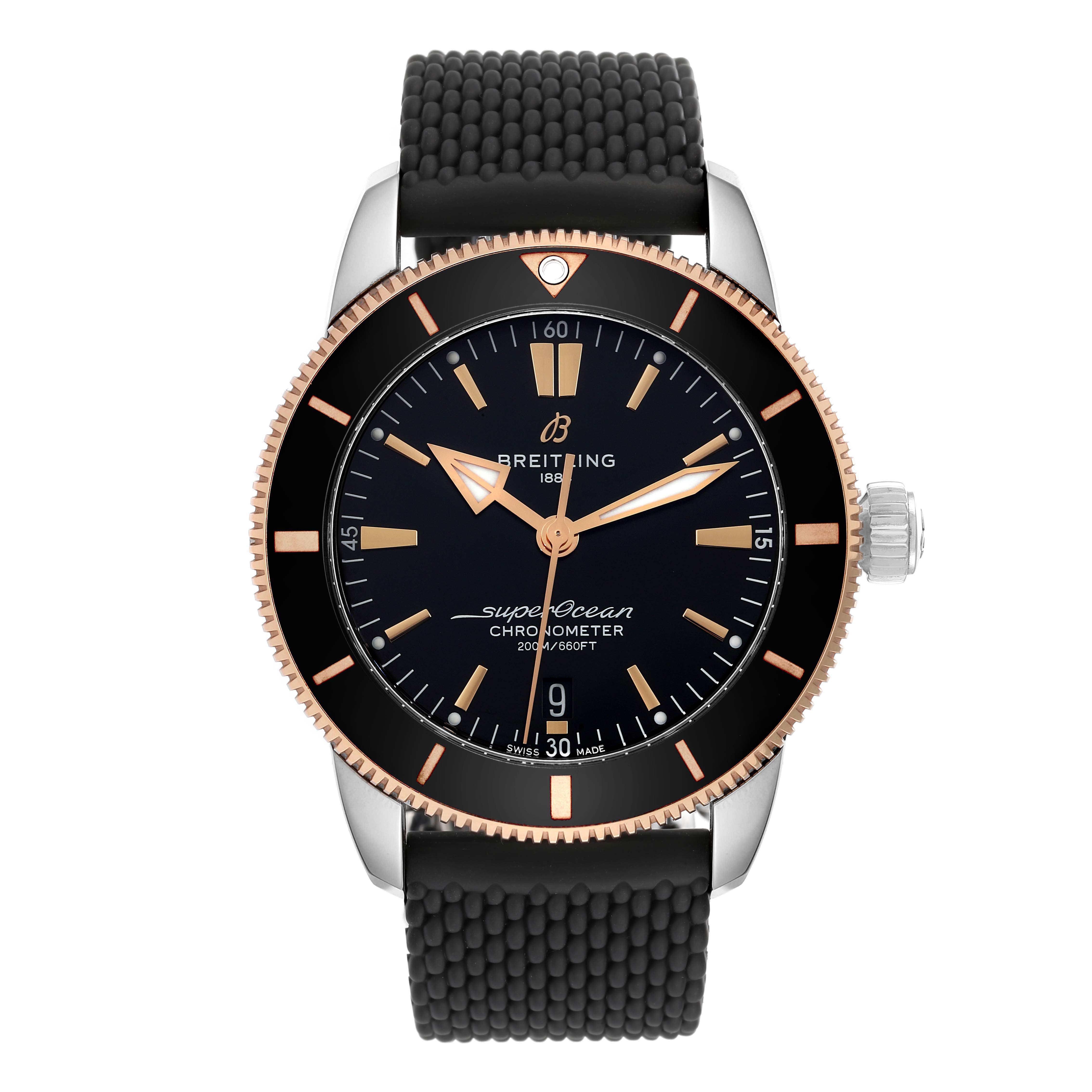 The Breitling Superocean UB2030121B1A1 Men's Steel and Gold (two tone) Black Dial UB2030121B1A1 Men's Steel and Gold (two tone) Black Dial watch is shown from a front angle, displaying its face, bezel, and strap.
