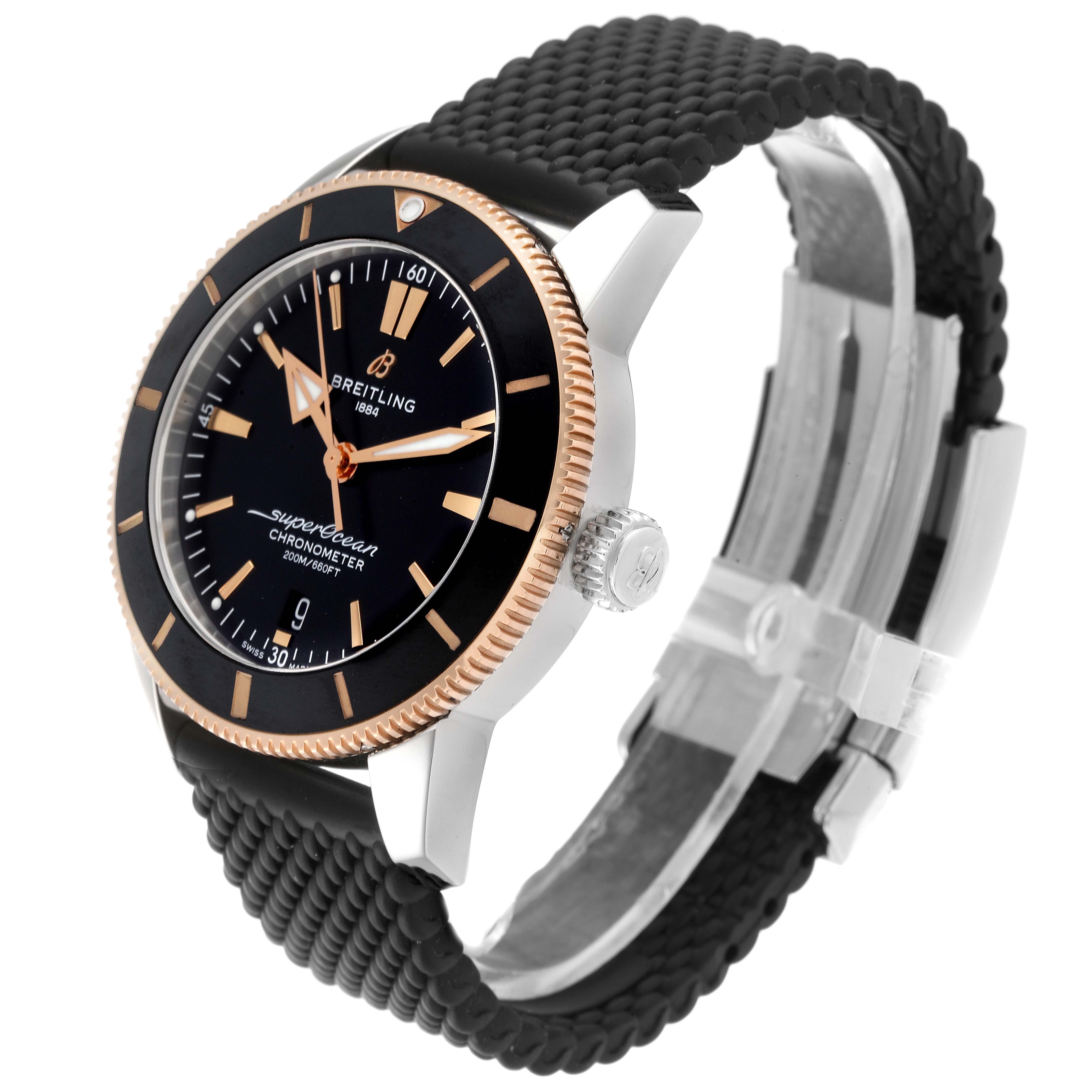 The Breitling Superocean UB2030121B1A1 Men's Steel and Gold (two tone) Black Dial UB2030121B1A1 Men's Steel and Gold (two tone) Black Dial watch is shown at a three-quarter angle, highlighting the face, bezel, crown, and strap.