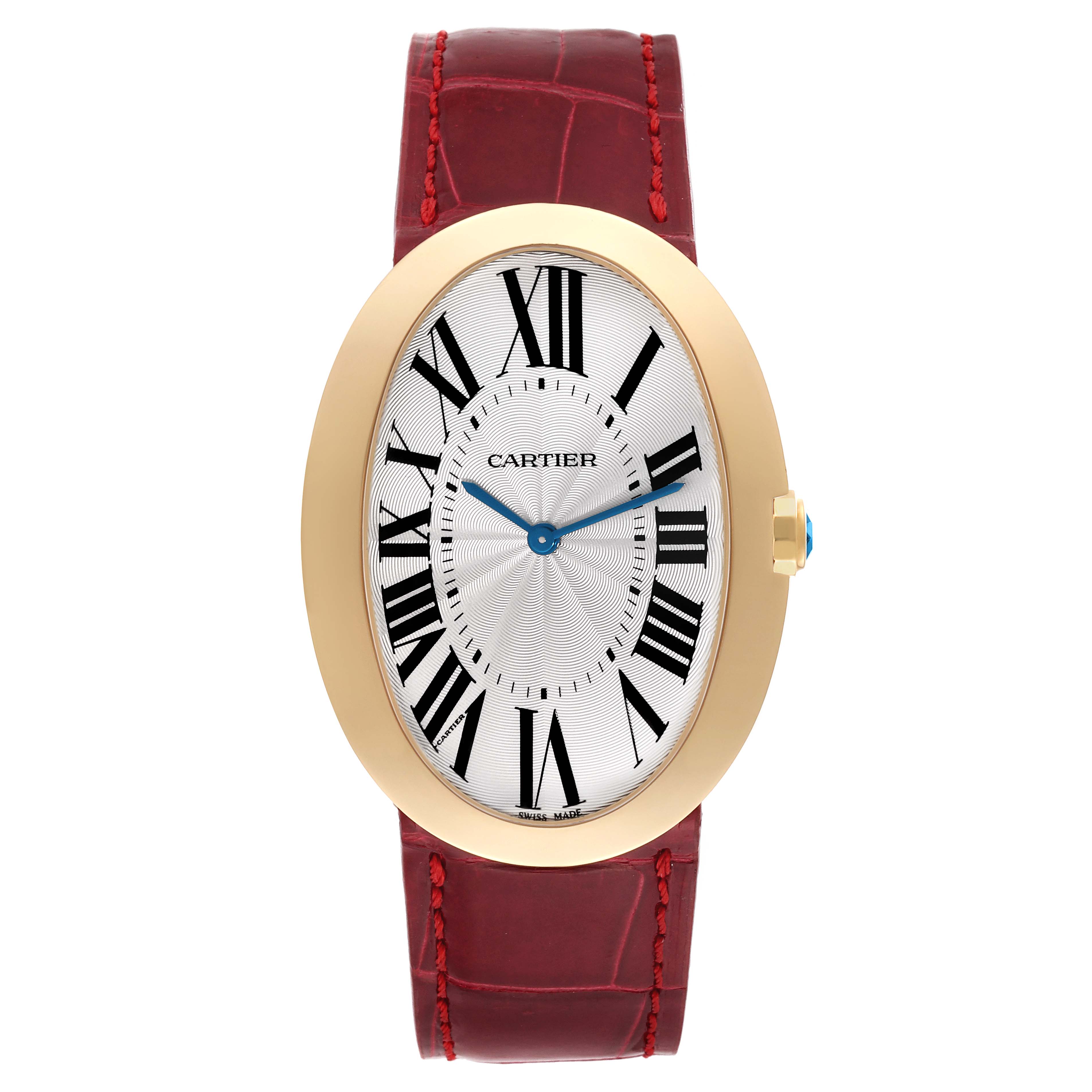 The image shows a frontal view of the Cartier Baignoire W8000013 Women's Yellow Gold Silver Dial W8000013 Women's Yellow Gold Silver Dial watch, highlighting its oval case, red leather strap, and Roman numeral dial.