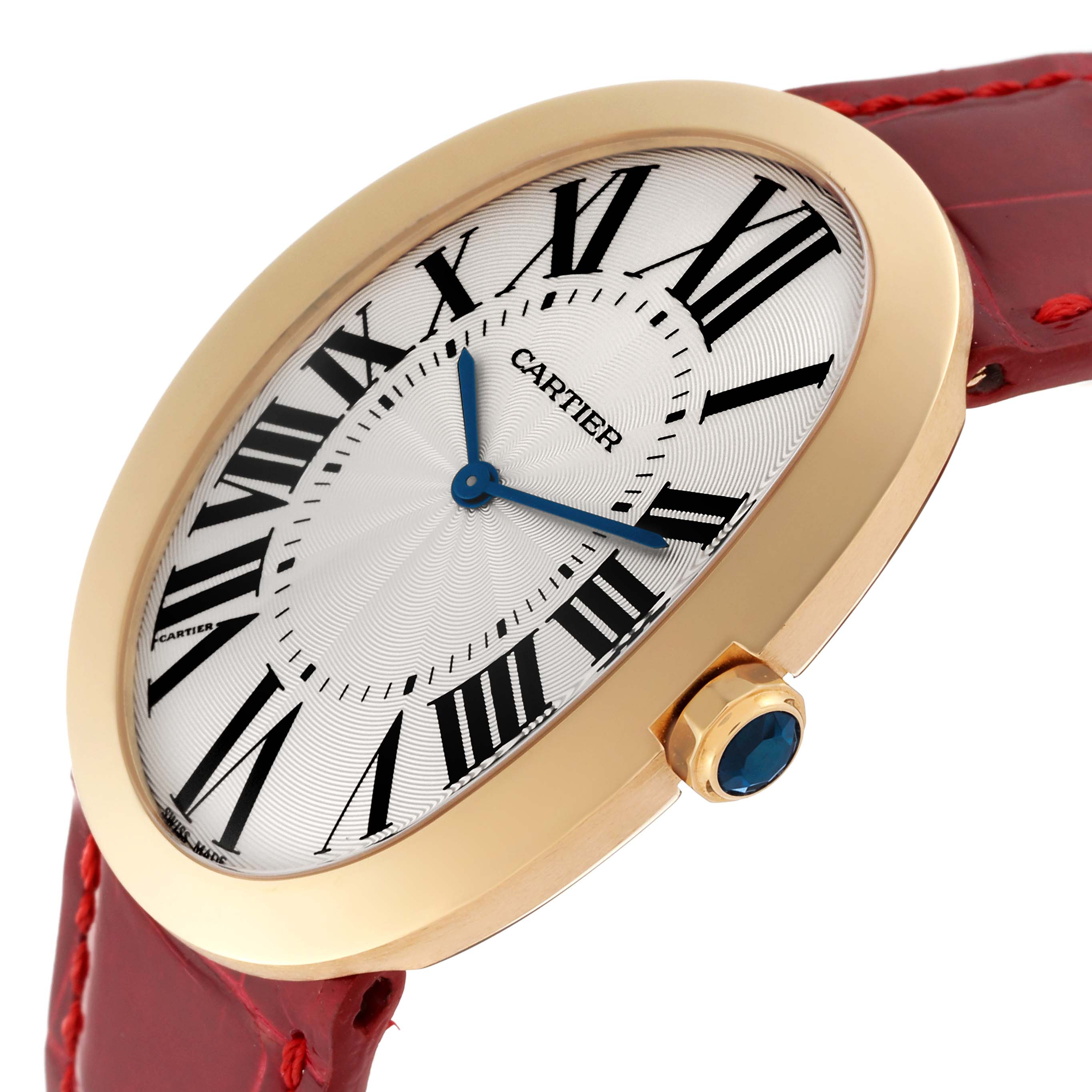 This Cartier Baignoire W8000013 Women's Yellow Gold Silver Dial W8000013 Women's Yellow Gold Silver Dial watch is shown at an angle highlighting its face, bezel, crown, and part of the red strap.