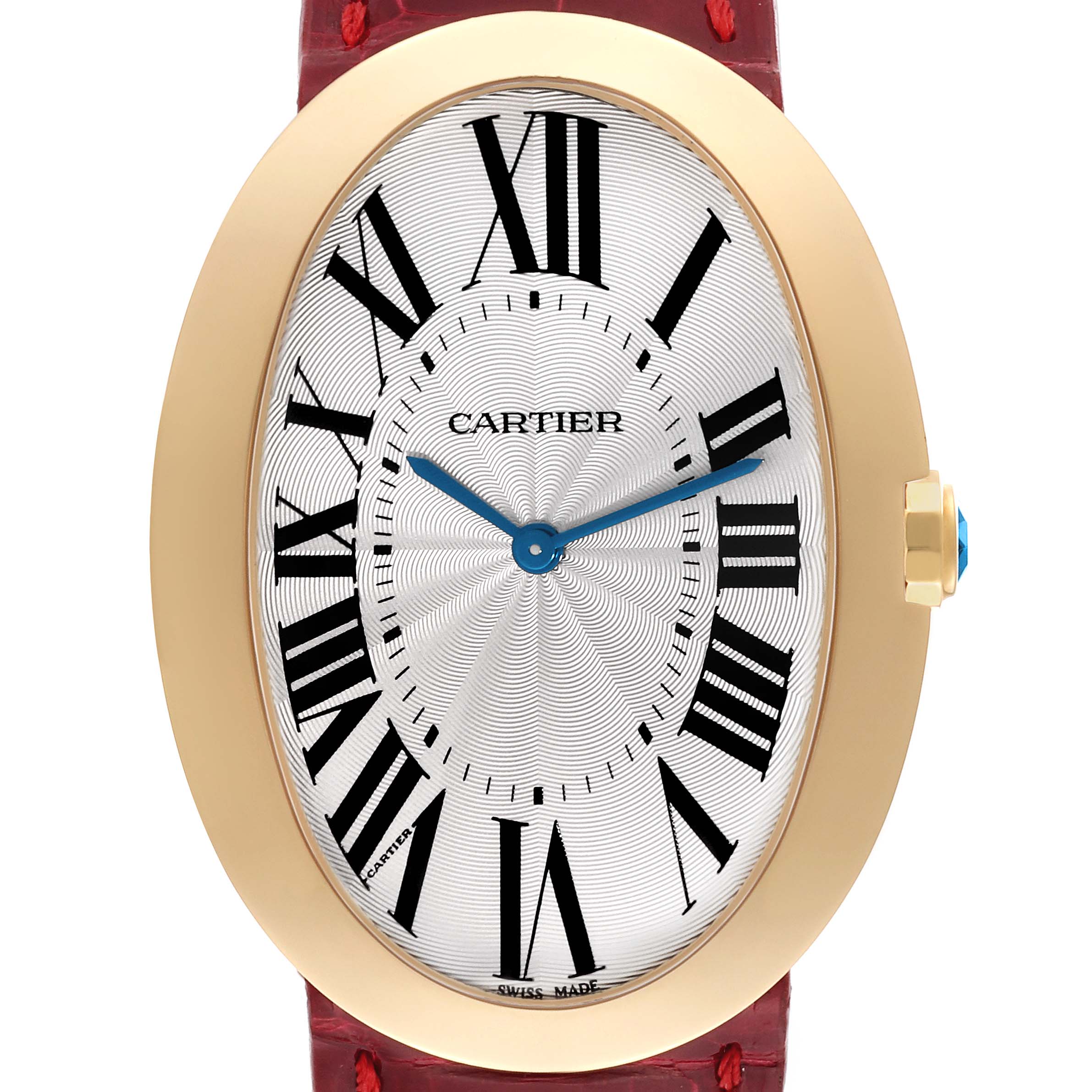 The Cartier Baignoire W8000013 Women's Yellow Gold Silver Dial W8000013 Women's Yellow Gold Silver Dial watch is shown at a straight-on angle, highlighting its dial, Roman numerals, and gold oval case.