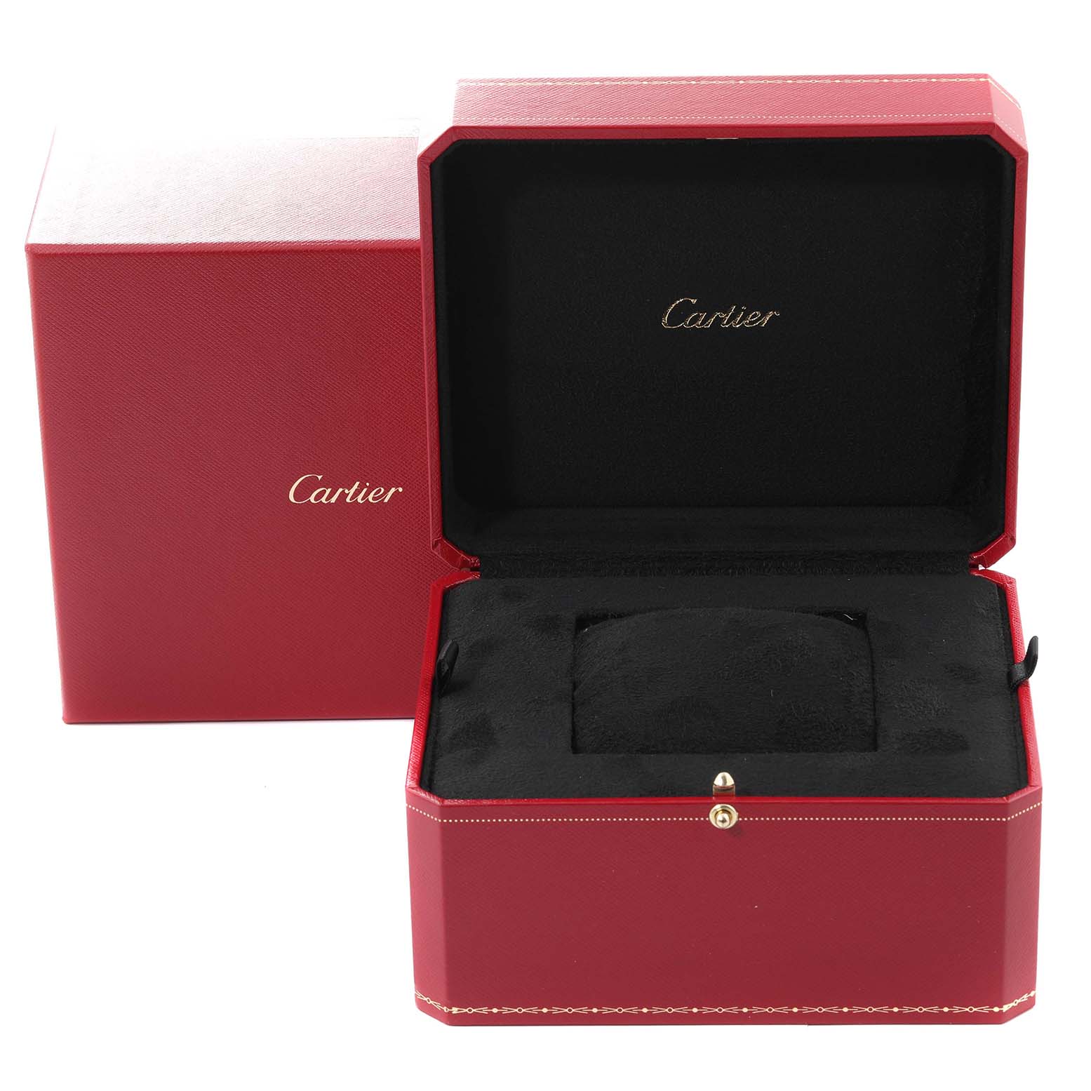 The image shows an open red Cartier box designed to hold a Baignoire model watch, with the brand name inside.