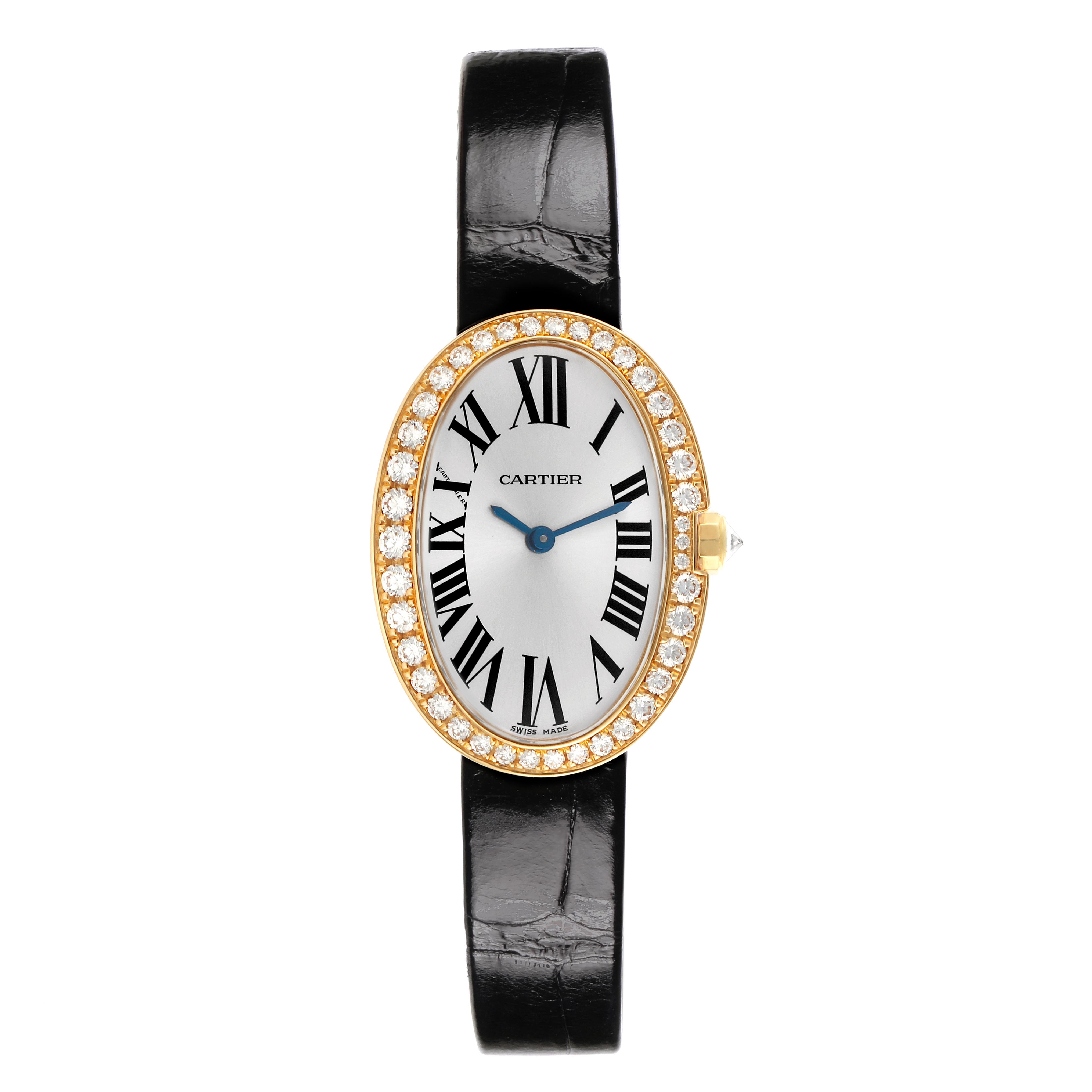 The Cartier Baignoire WB520020 Women
s Yellow Gold Silver Dial WB520020 Women
s Yellow Gold Silver Dial watch is shown from a top view, highlighting its oval face, diamond bezel, and black leather strap.