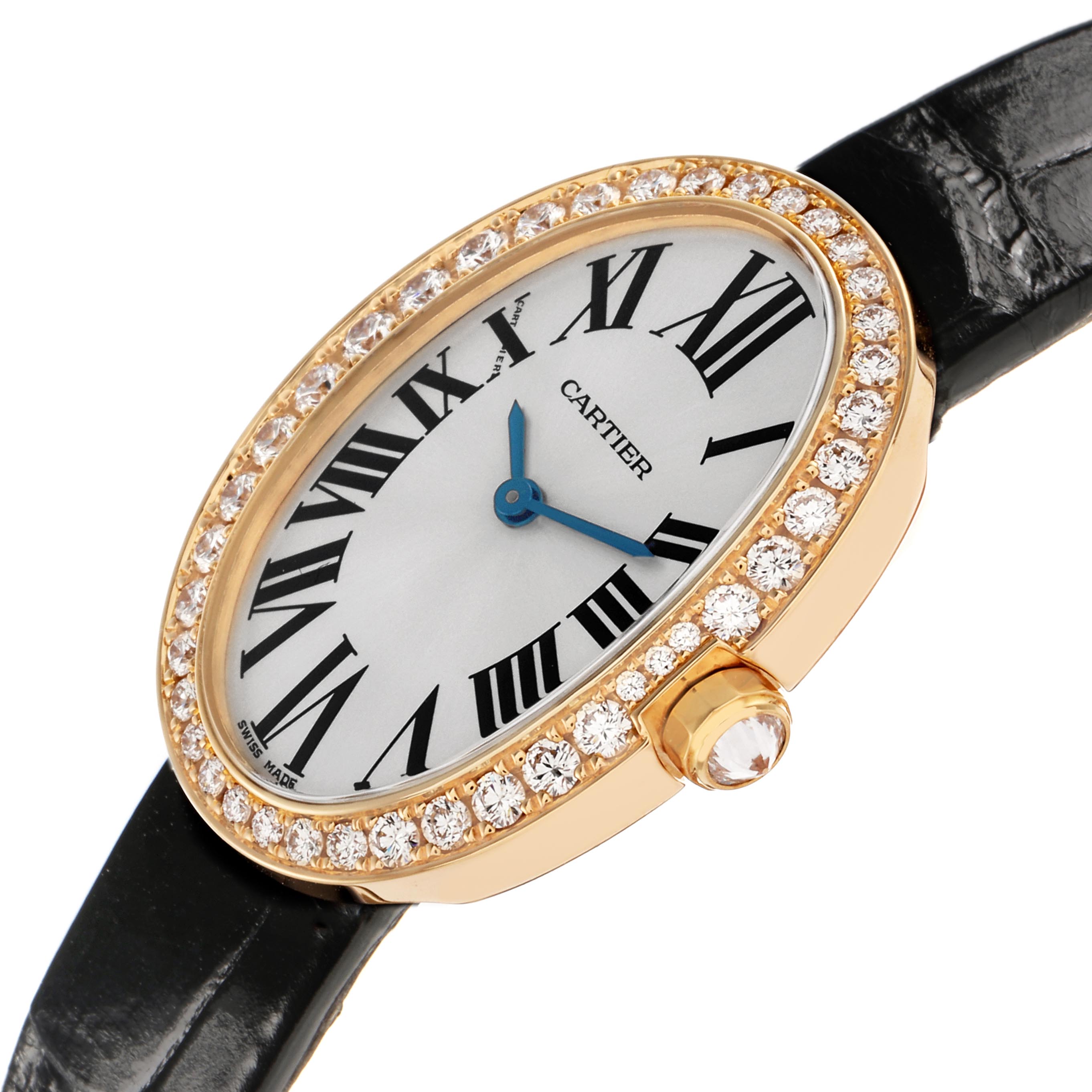 The image shows a Cartier Baignoire WB520020 Women
s Yellow Gold Silver Dial WB520020 Women
s Yellow Gold Silver Dial watch at an angled view, highlighting its oval face, diamond bezel, and black strap.