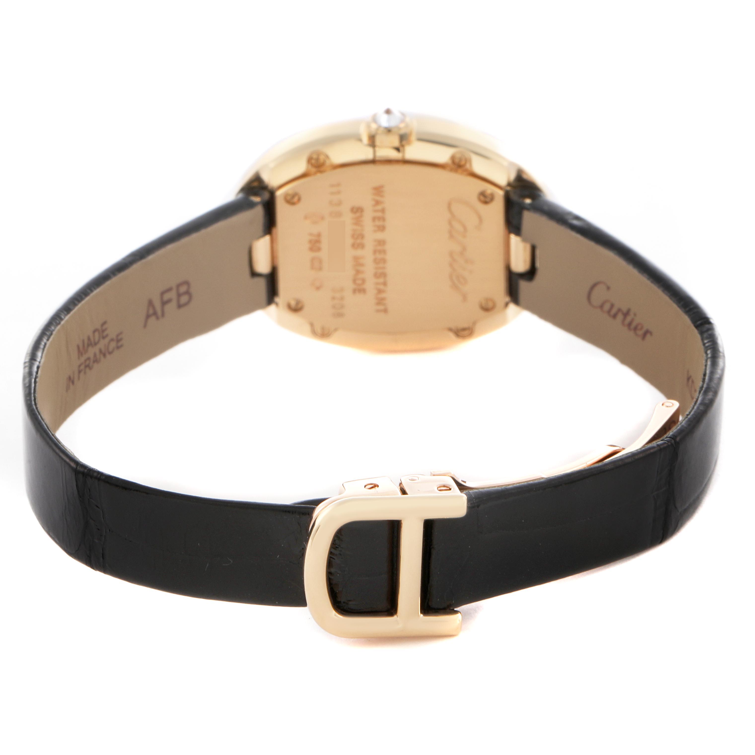 The image shows the back of a Cartier Baignoire WB520020 Women
s Yellow Gold Silver Dial WB520020 Women
s Yellow Gold Silver Dial watch, highlighting the clasp, case back, and strap.