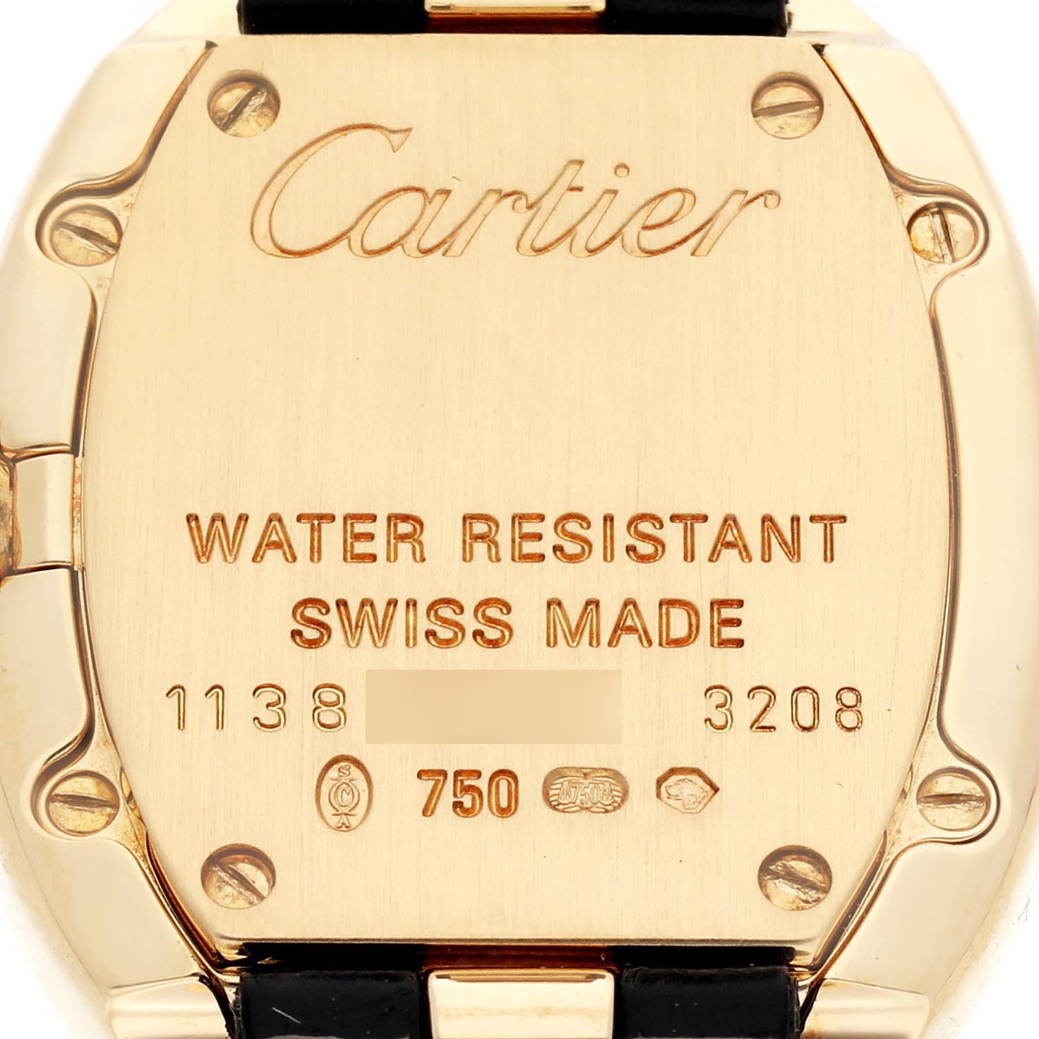 The image shows the back of a Cartier Baignoire WB520020 Women
s Yellow Gold Silver Dial WB520020 Women
s Yellow Gold Silver Dial watch, highlighting engravings and screws.