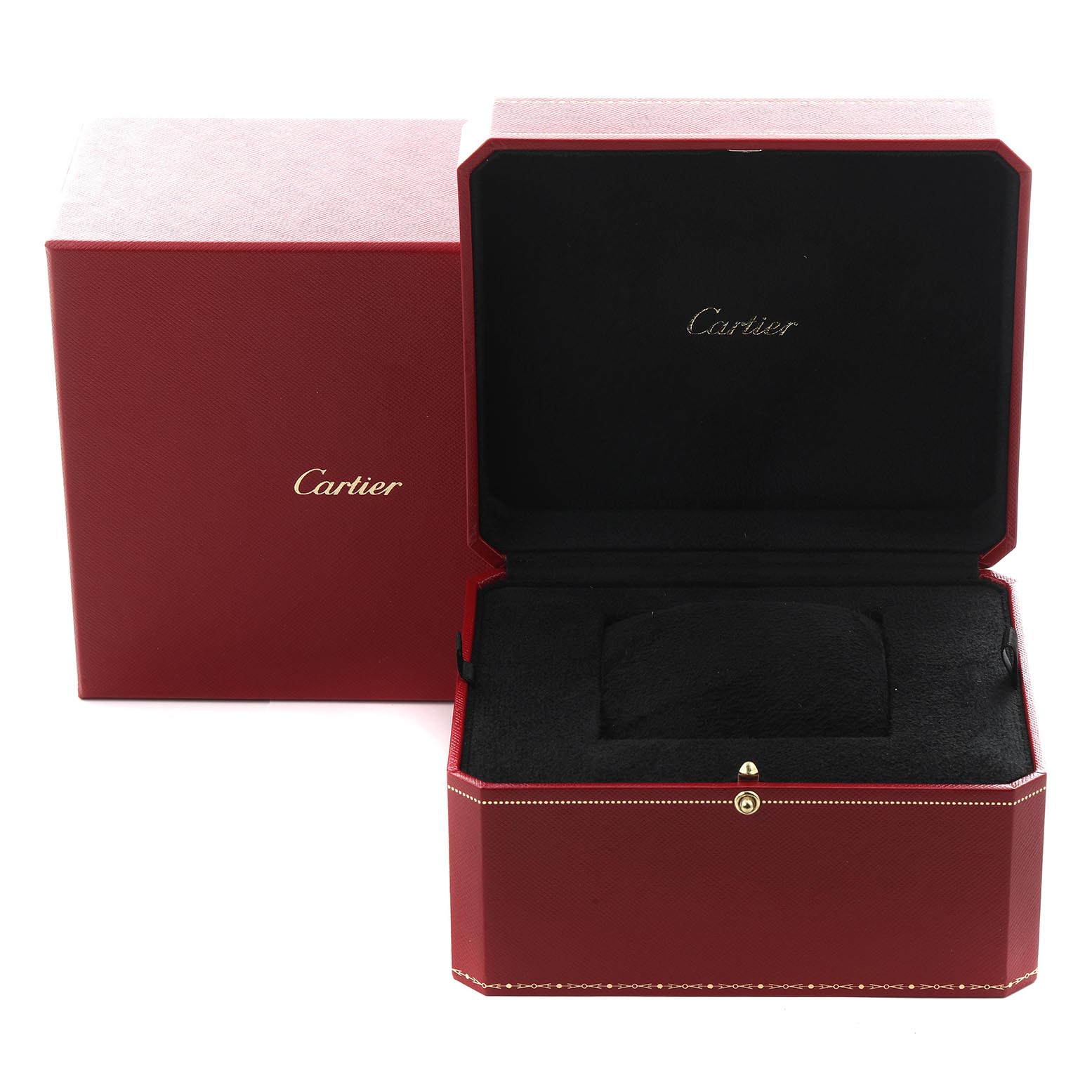 The image shows a Cartier Baignoire WB520020 Women
s Yellow Gold Silver Dial WB520020 Women
s Yellow Gold Silver Dial watch box from a front angle, with the box open and a pillow inside.
