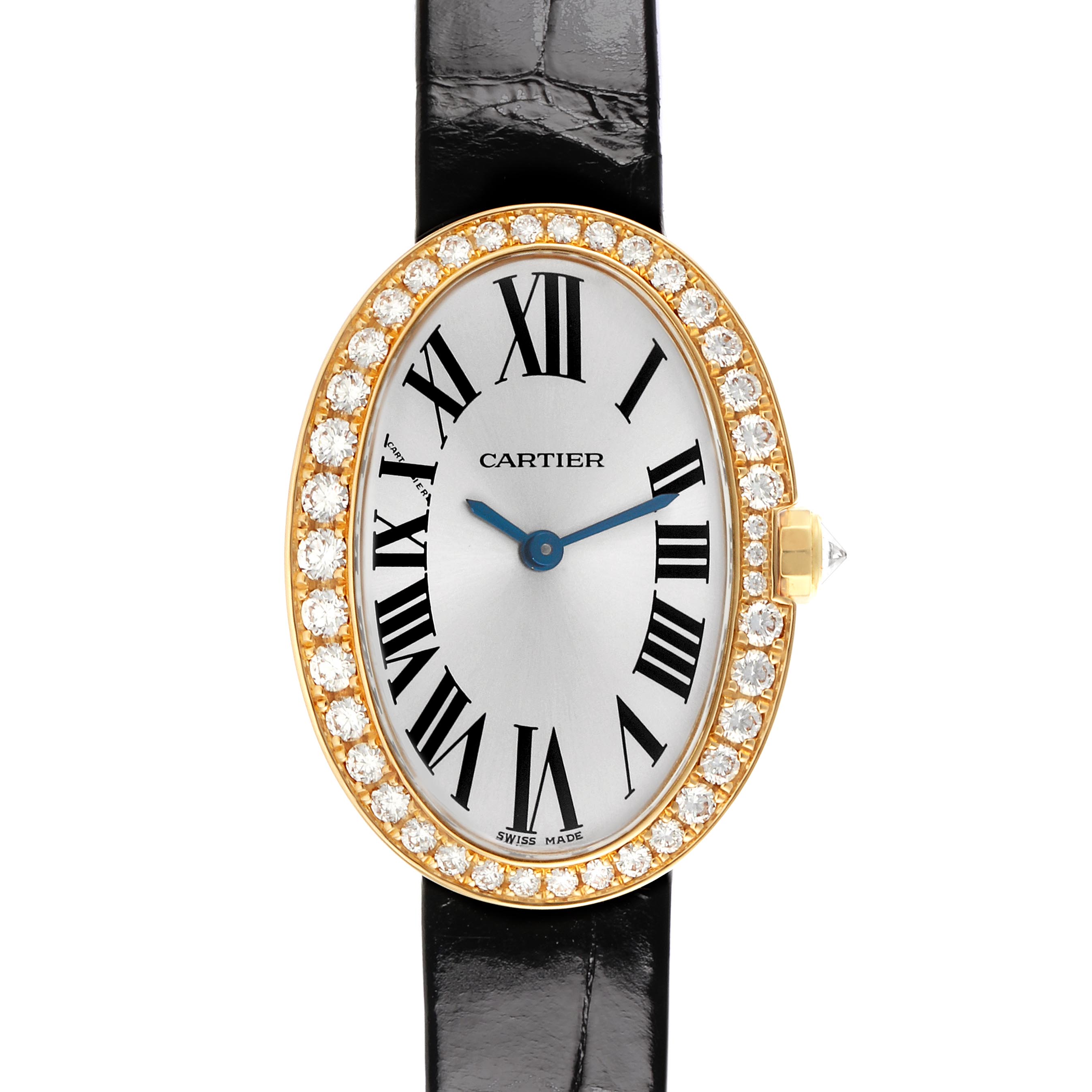 The Cartier Baignoire WB520020 Women
s Yellow Gold Silver Dial WB520020 Women
s Yellow Gold Silver Dial watch is shown from the front, featuring a diamond-set oval bezel, Roman numerals, and blue hands.