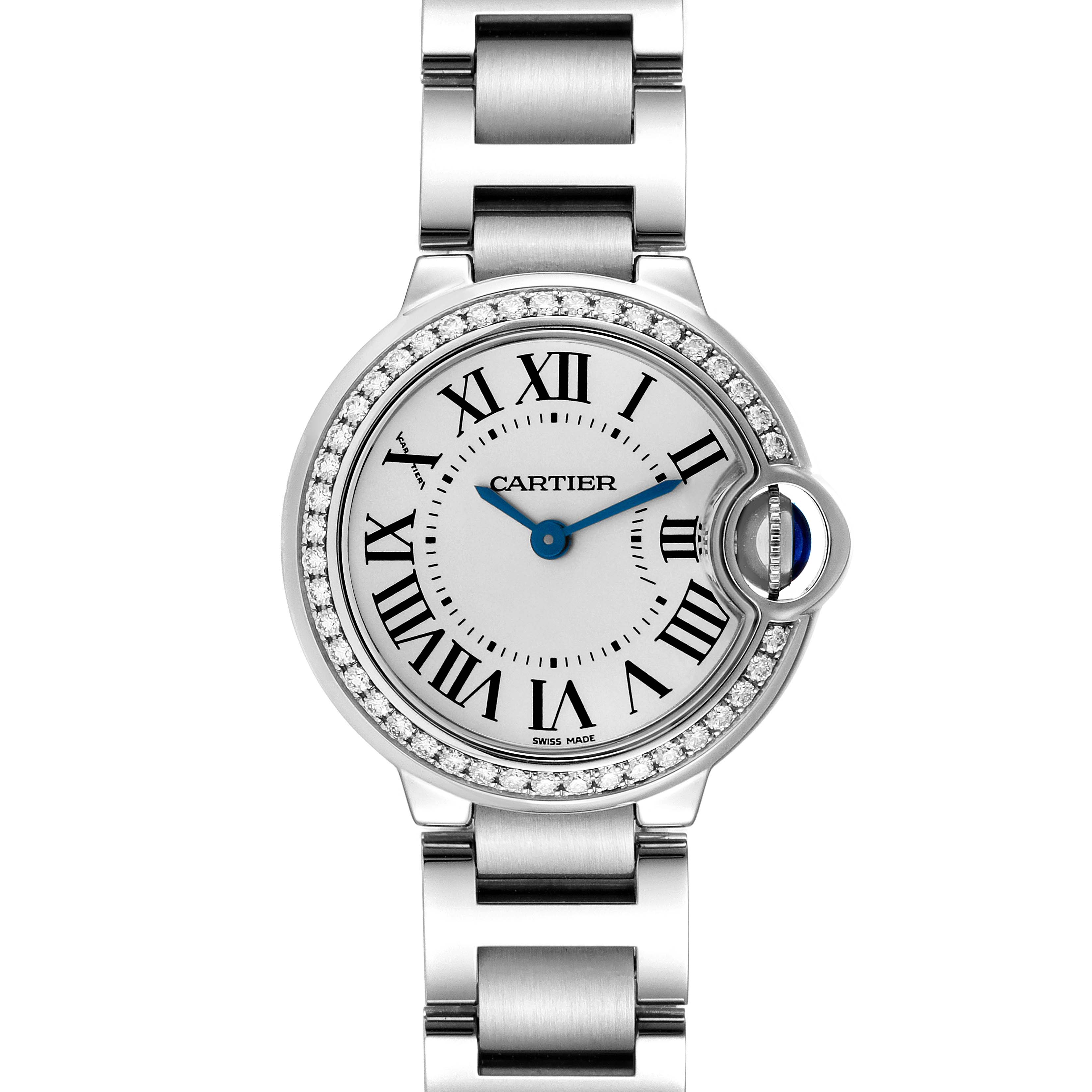 This image shows a front view of the Ballon Bleu de Cartier watch, featuring its round face, Roman numerals, and metal bracelet.